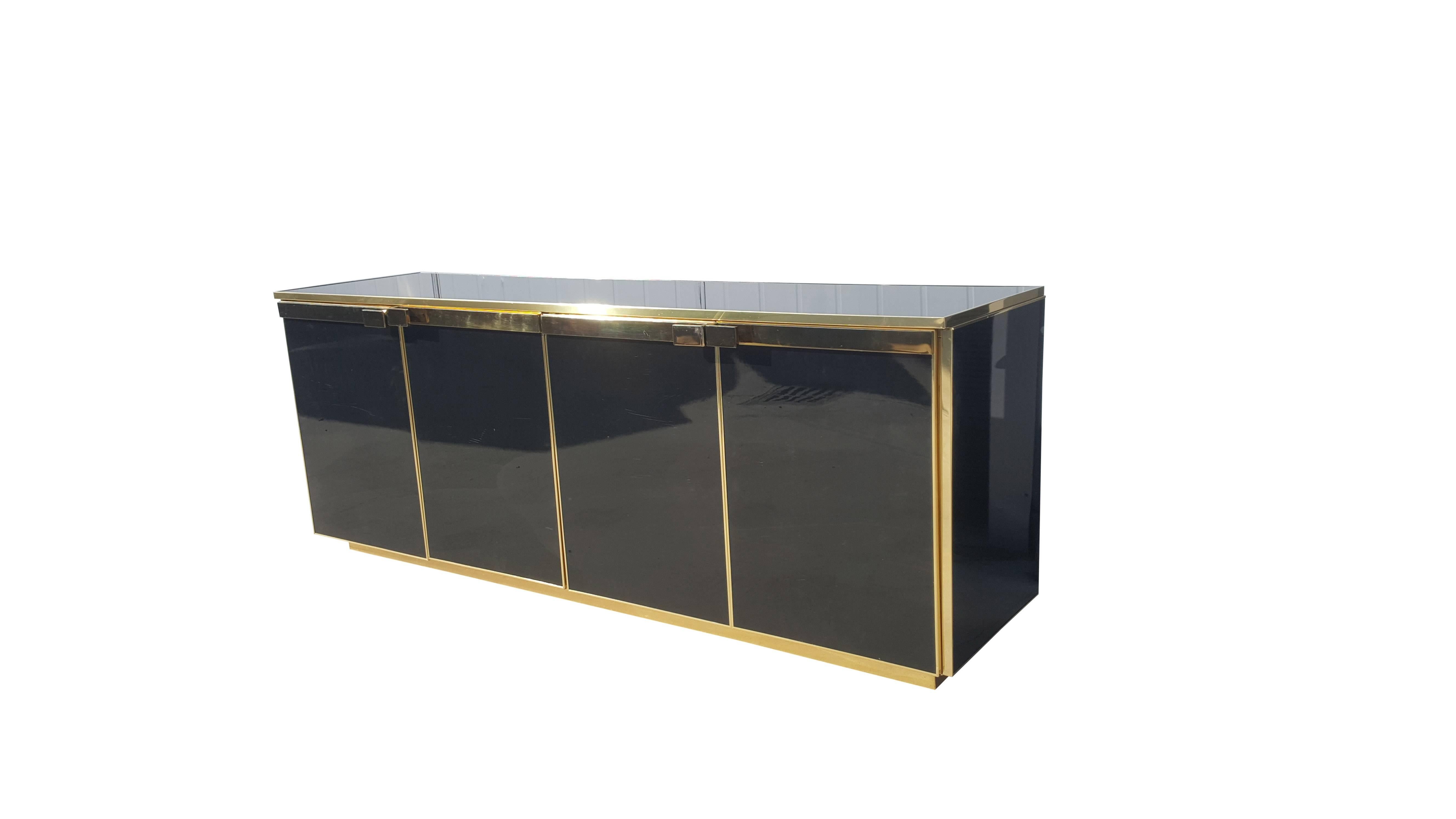 French Maison Jansen Brass and Black Glass Five Doors Credenza For Sale