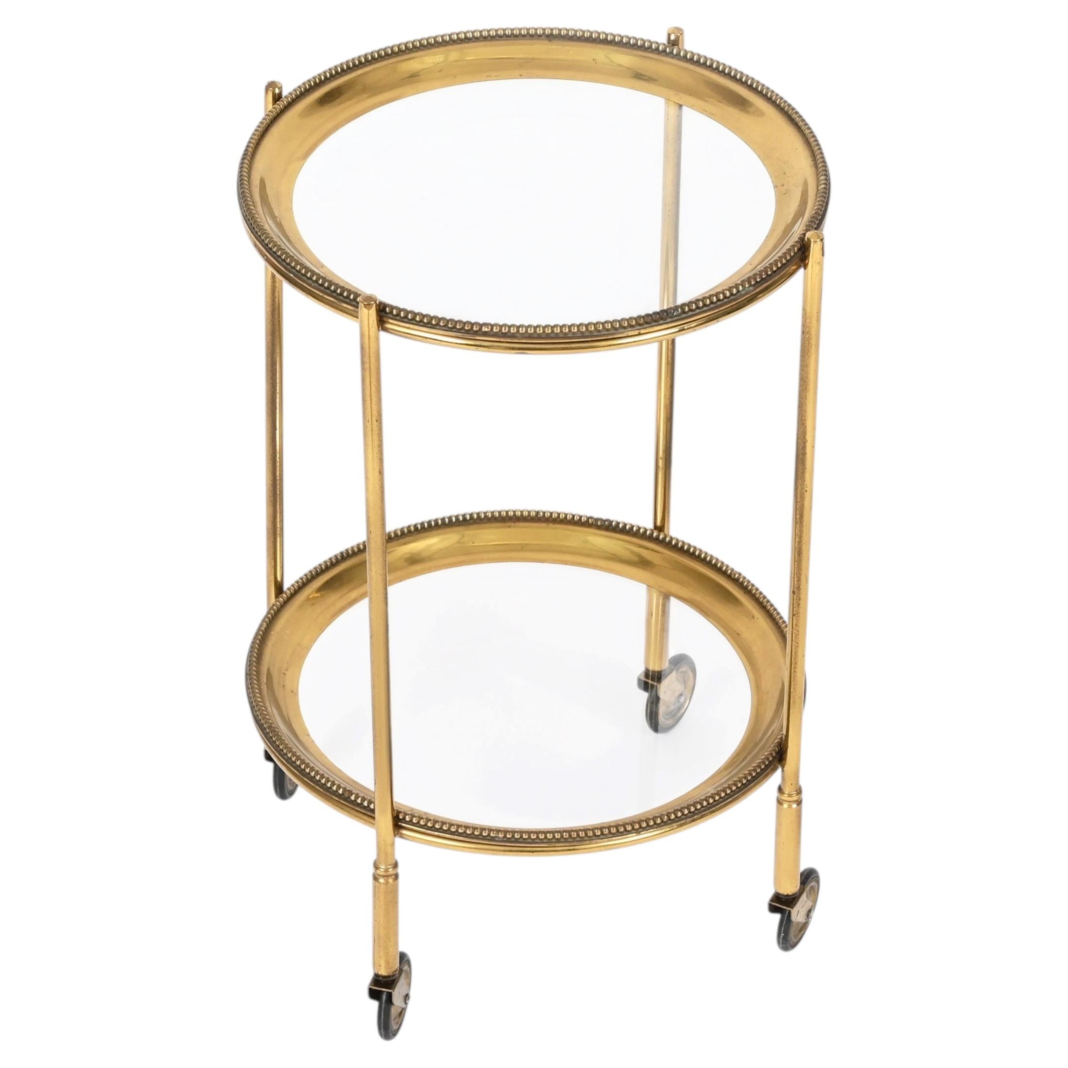Maison Jansen Brass and Crystal Tiny Round Bar Cart, France, 1950s