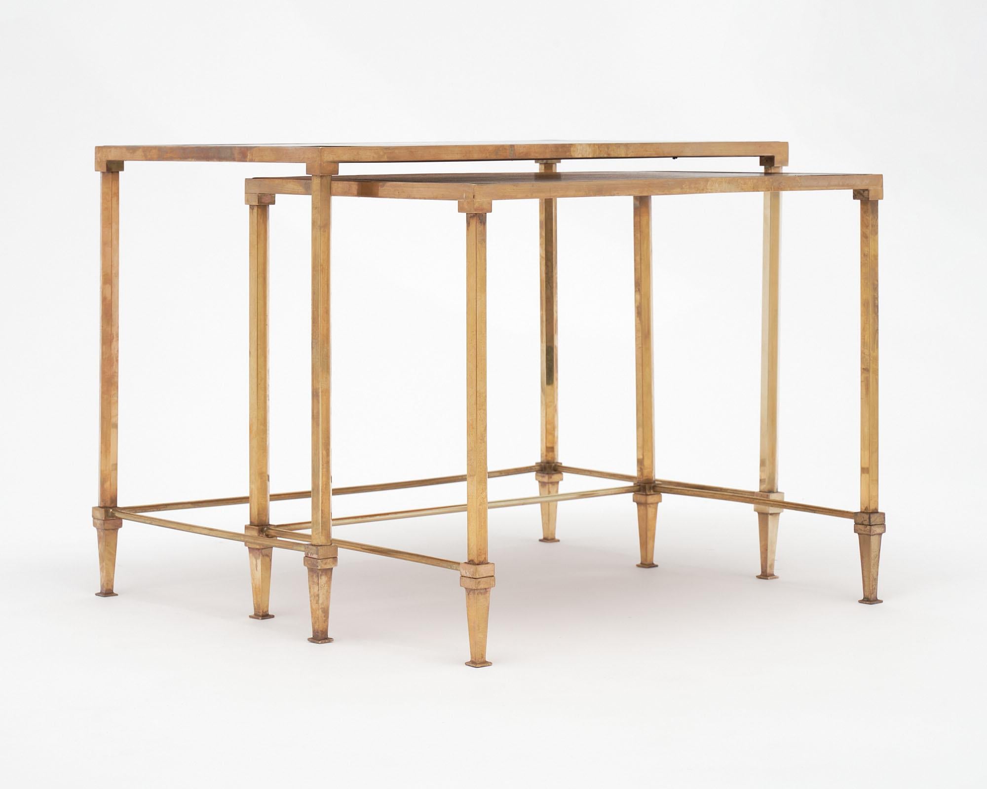 Louis XVI Maison Jansen Brass and Leather Nesting Tables