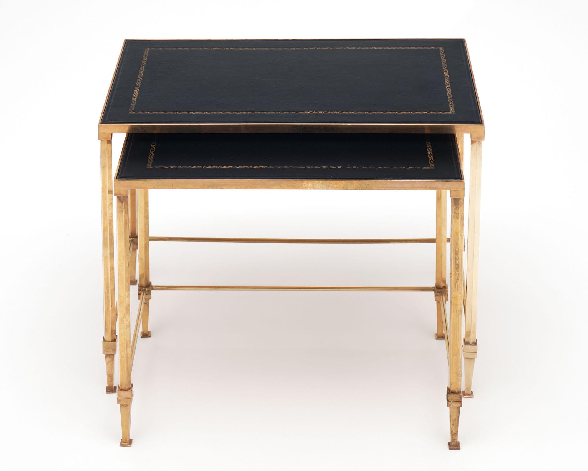 French Maison Jansen Brass and Leather Nesting Tables