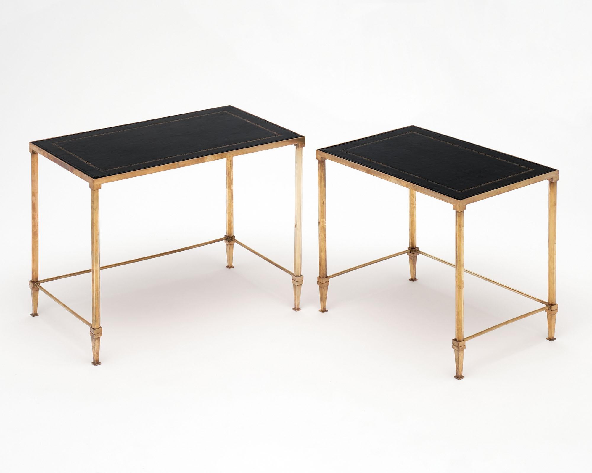 Maison Jansen Brass and Leather Nesting Tables In Good Condition In Austin, TX