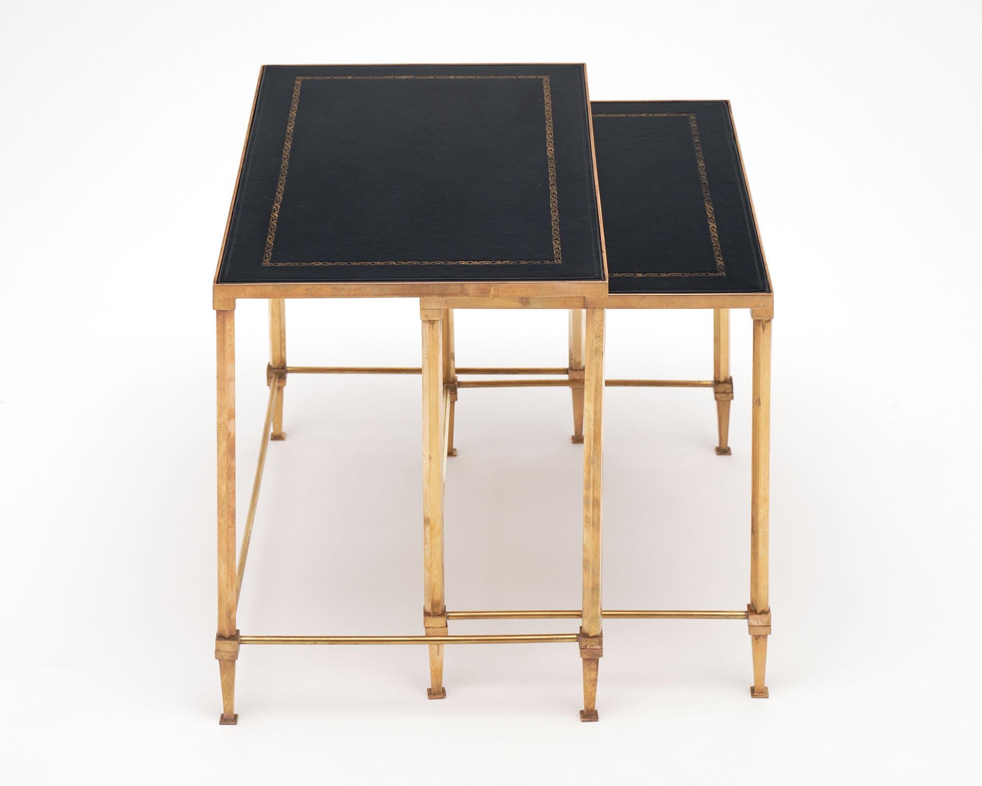 Mid-20th Century Maison Jansen Brass and Leather Nesting Tables