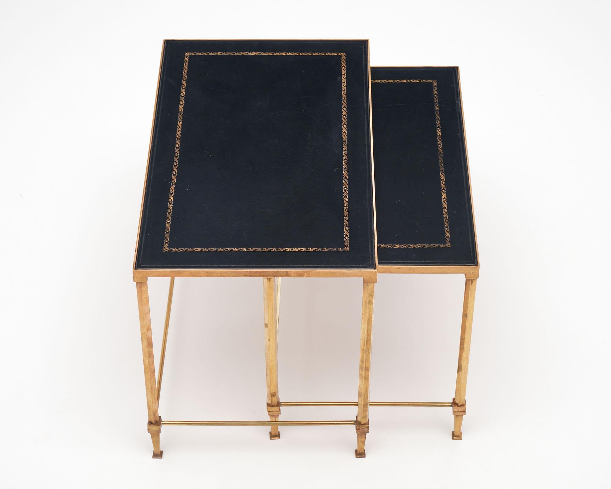 Maison Jansen Brass and Leather Nesting Tables 1