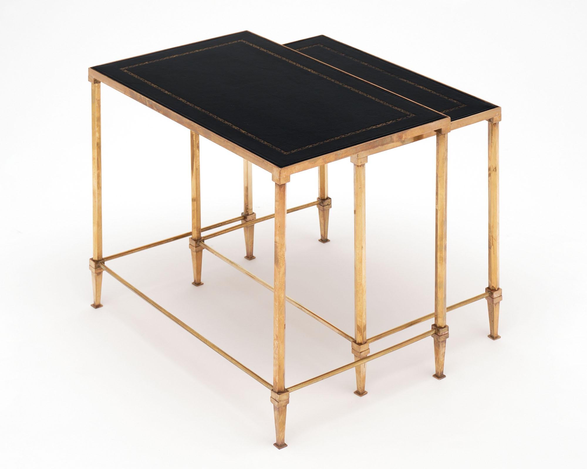 Maison Jansen Brass and Leather Nesting Tables 3