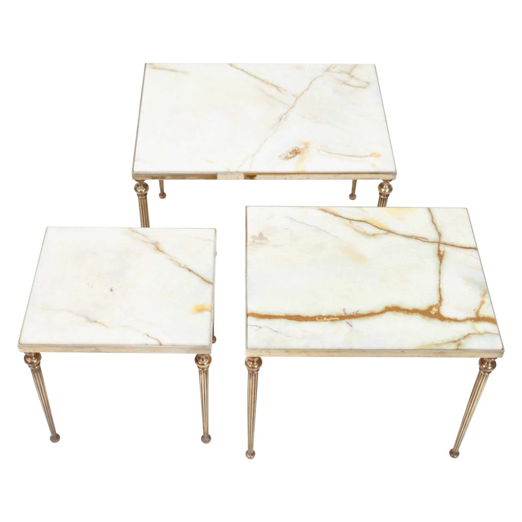 Maison Jansen Brass and Marble Nesting Tables, 1950s