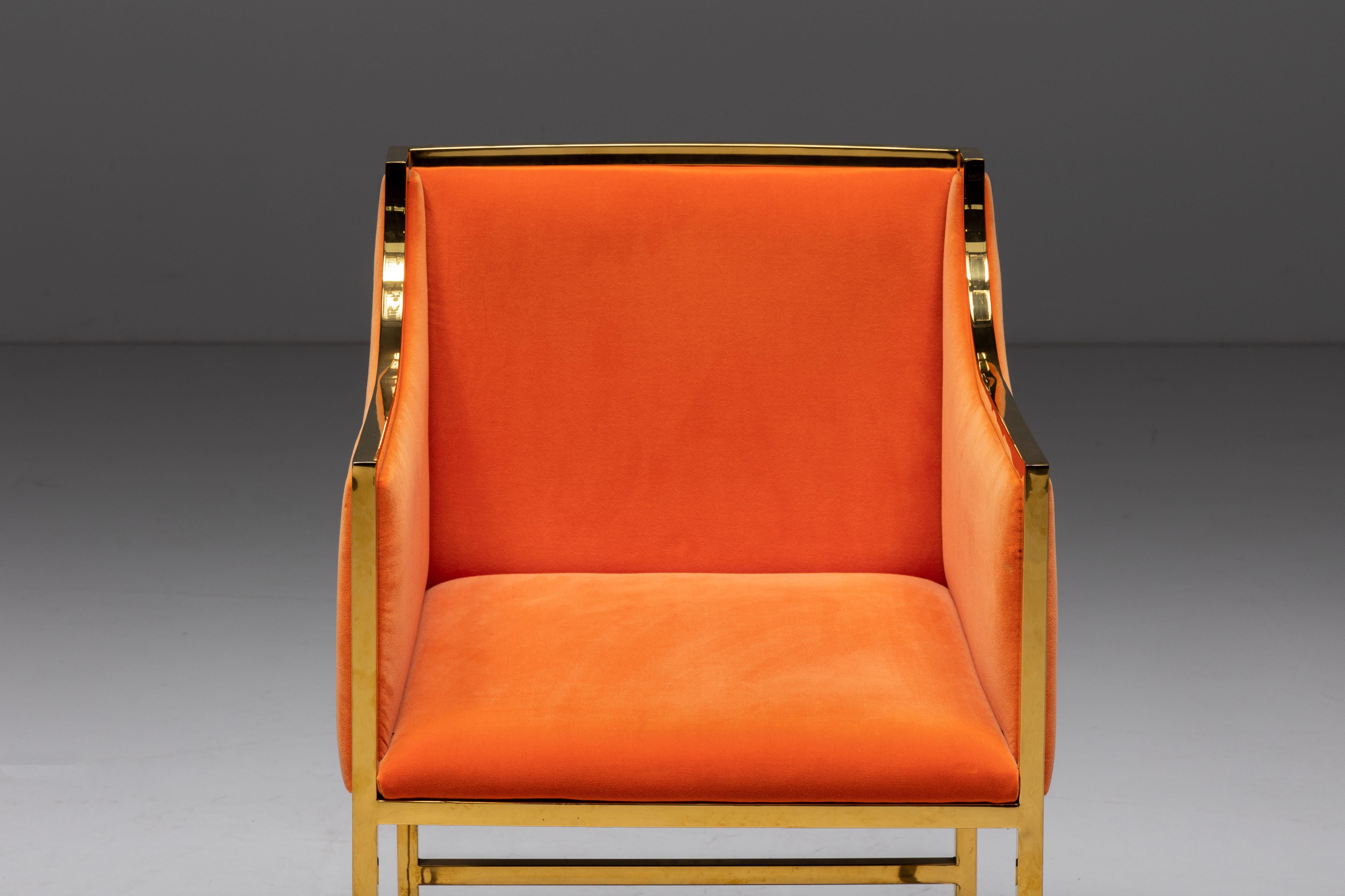 Maison Jansen Brass and Orange Velvet Armchairs, 1980s For Sale 7