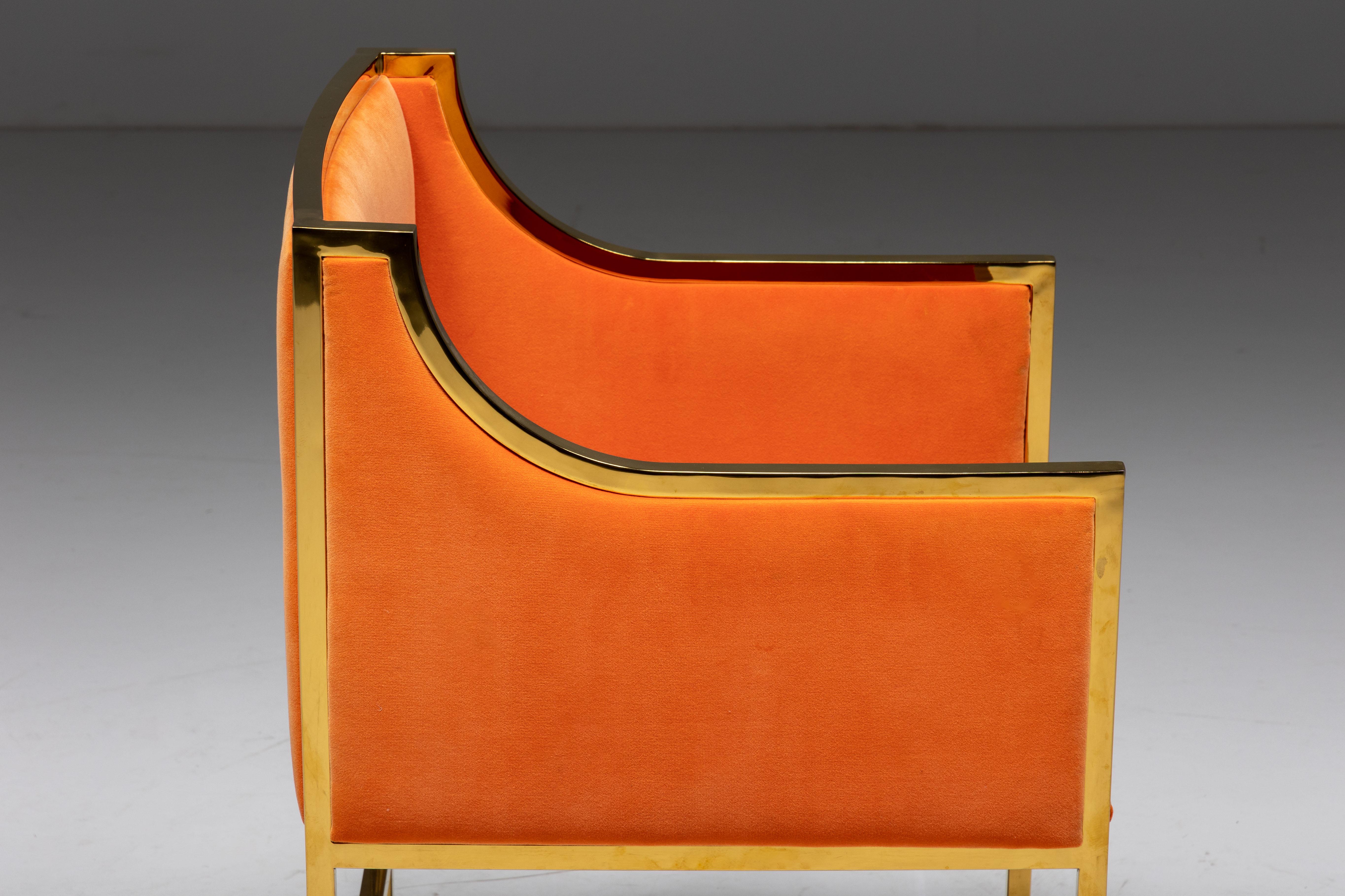 Maison Jansen Brass and Orange Velvet Armchairs, 1980s For Sale 9