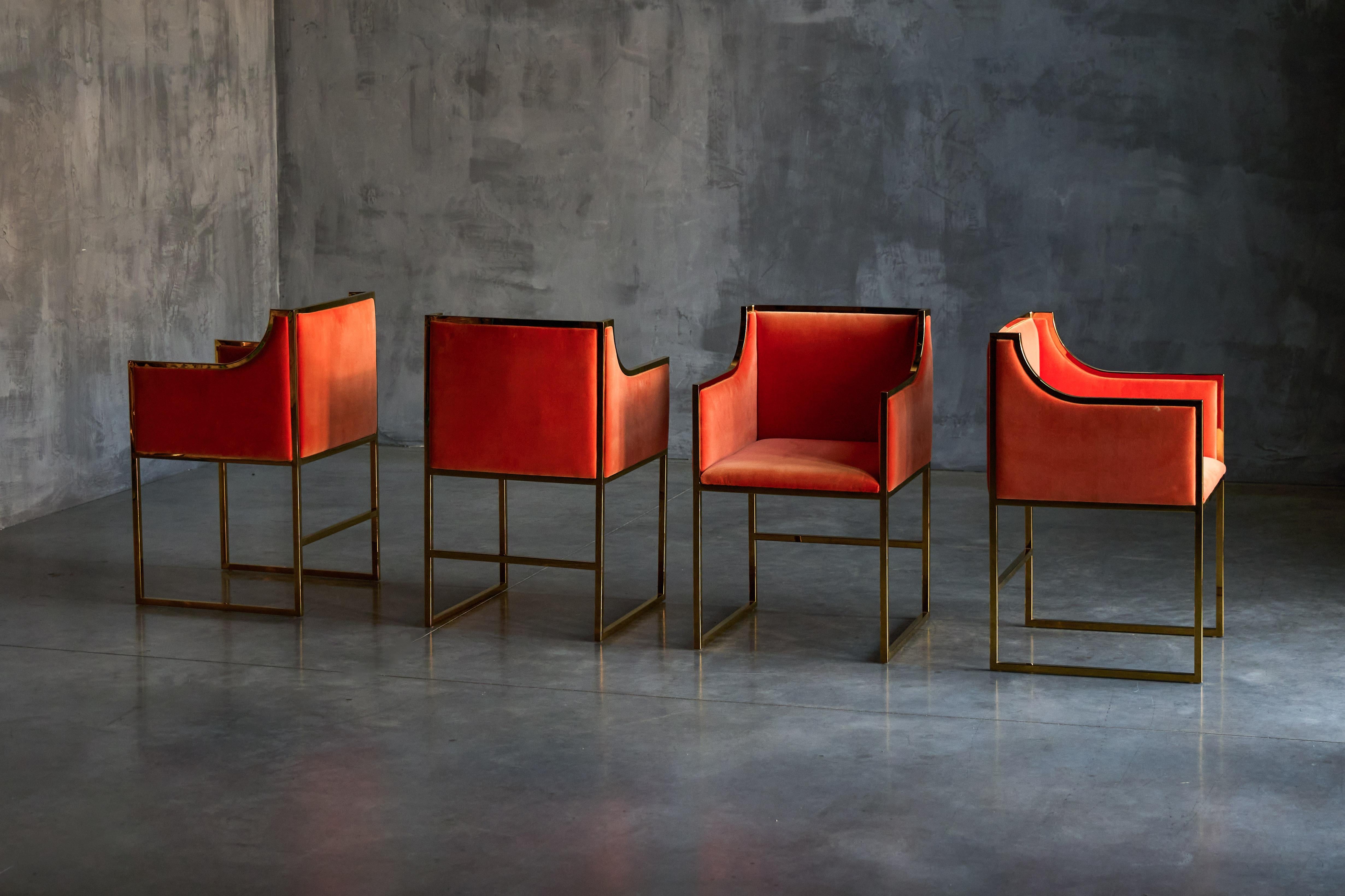 Hollywood Regency Maison Jansen Brass and Orange Velvet Armchairs, 1980s For Sale