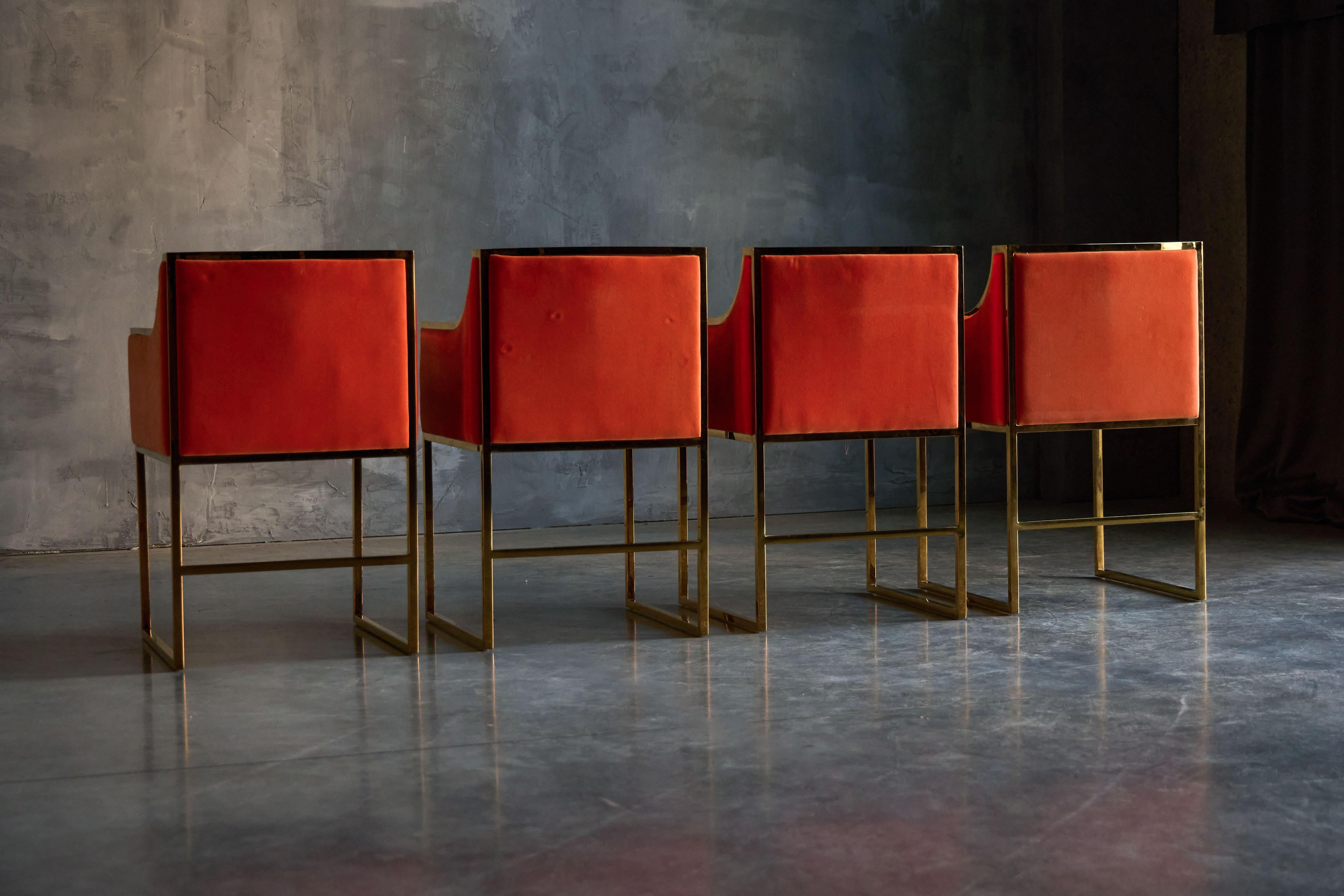French Maison Jansen Brass and Orange Velvet Armchairs, 1980s For Sale