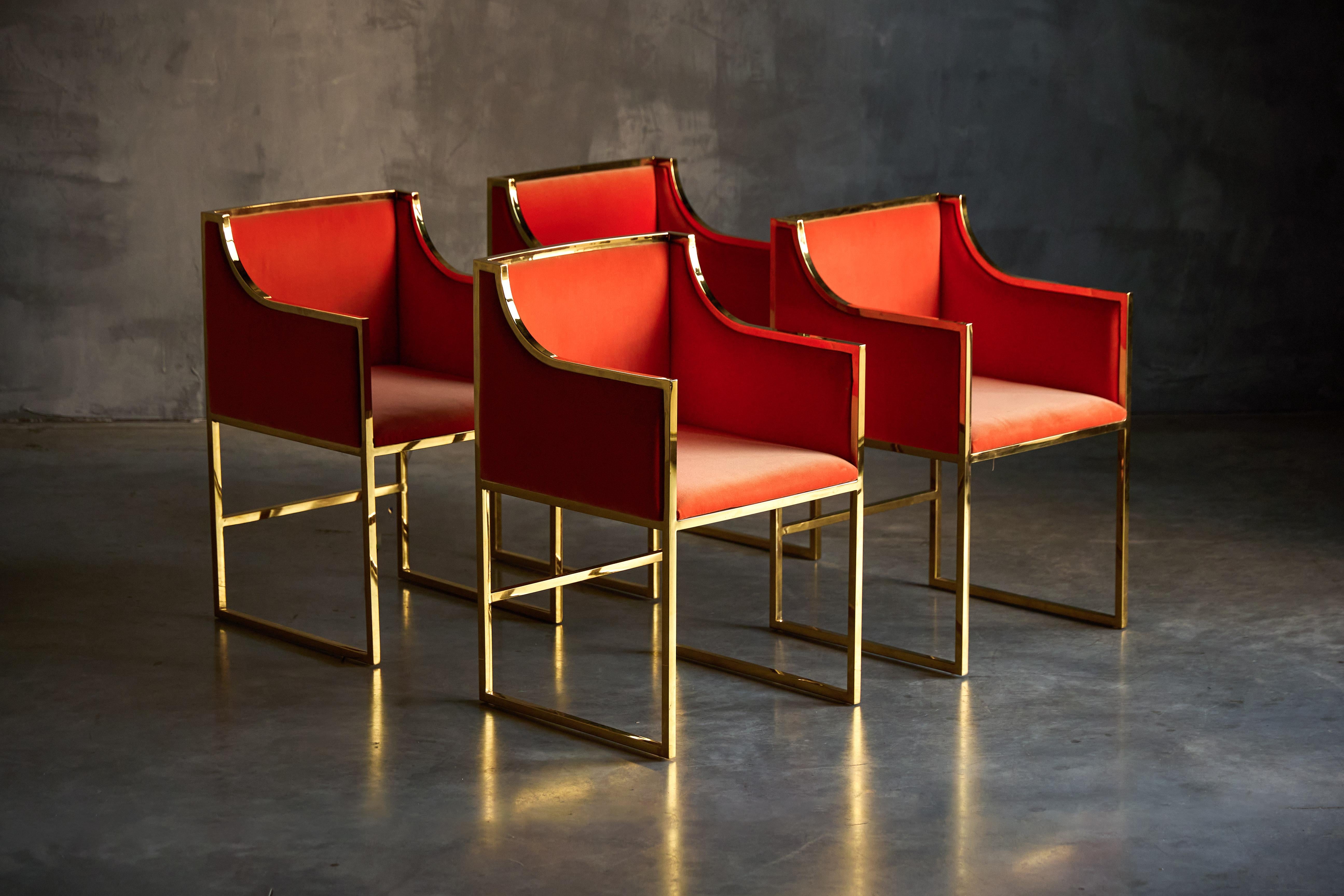 Maison Jansen Brass and Orange Velvet Armchairs, 1980s In Excellent Condition For Sale In Antwerp, BE