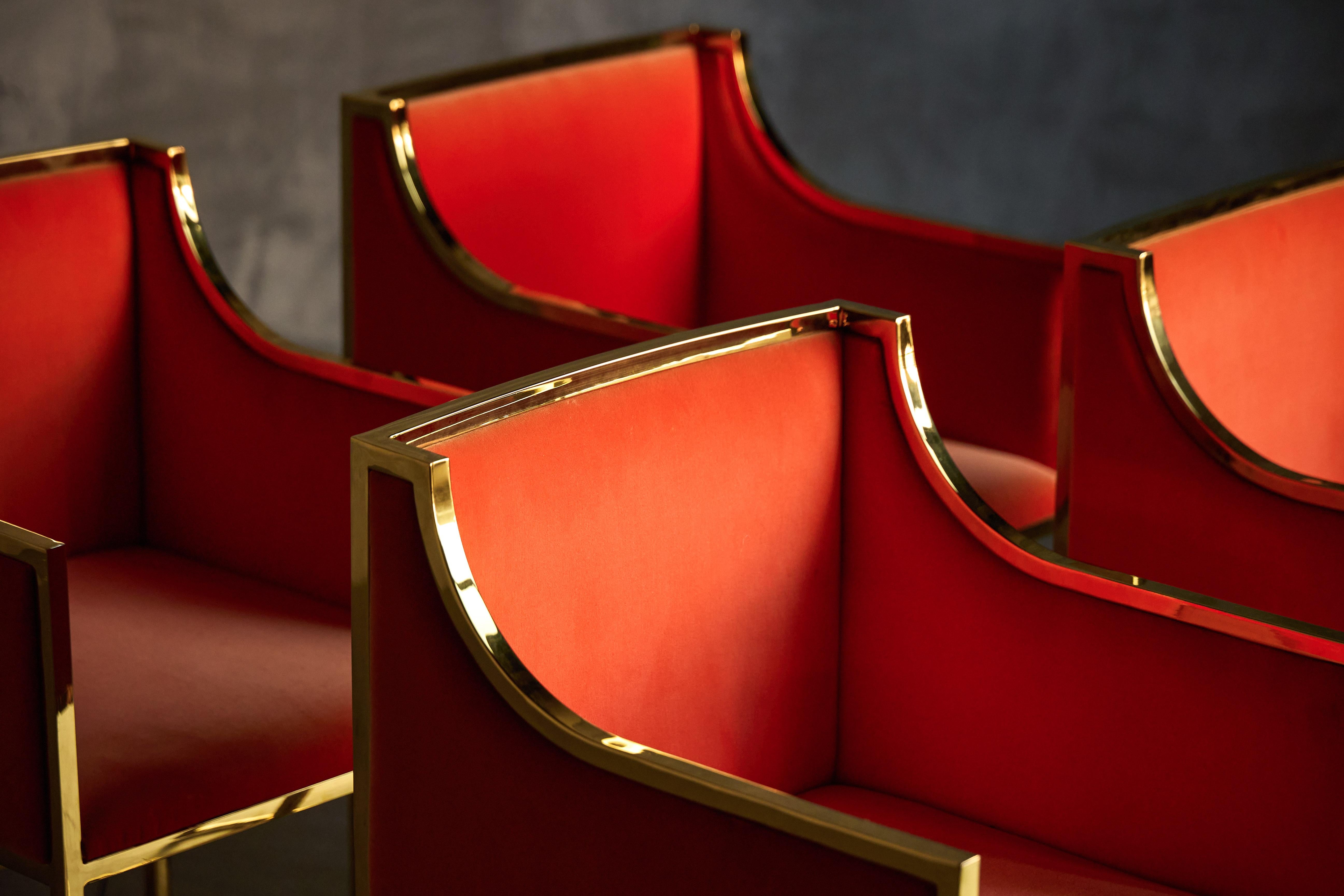 Late 20th Century Maison Jansen Brass and Orange Velvet Armchairs, 1980s For Sale