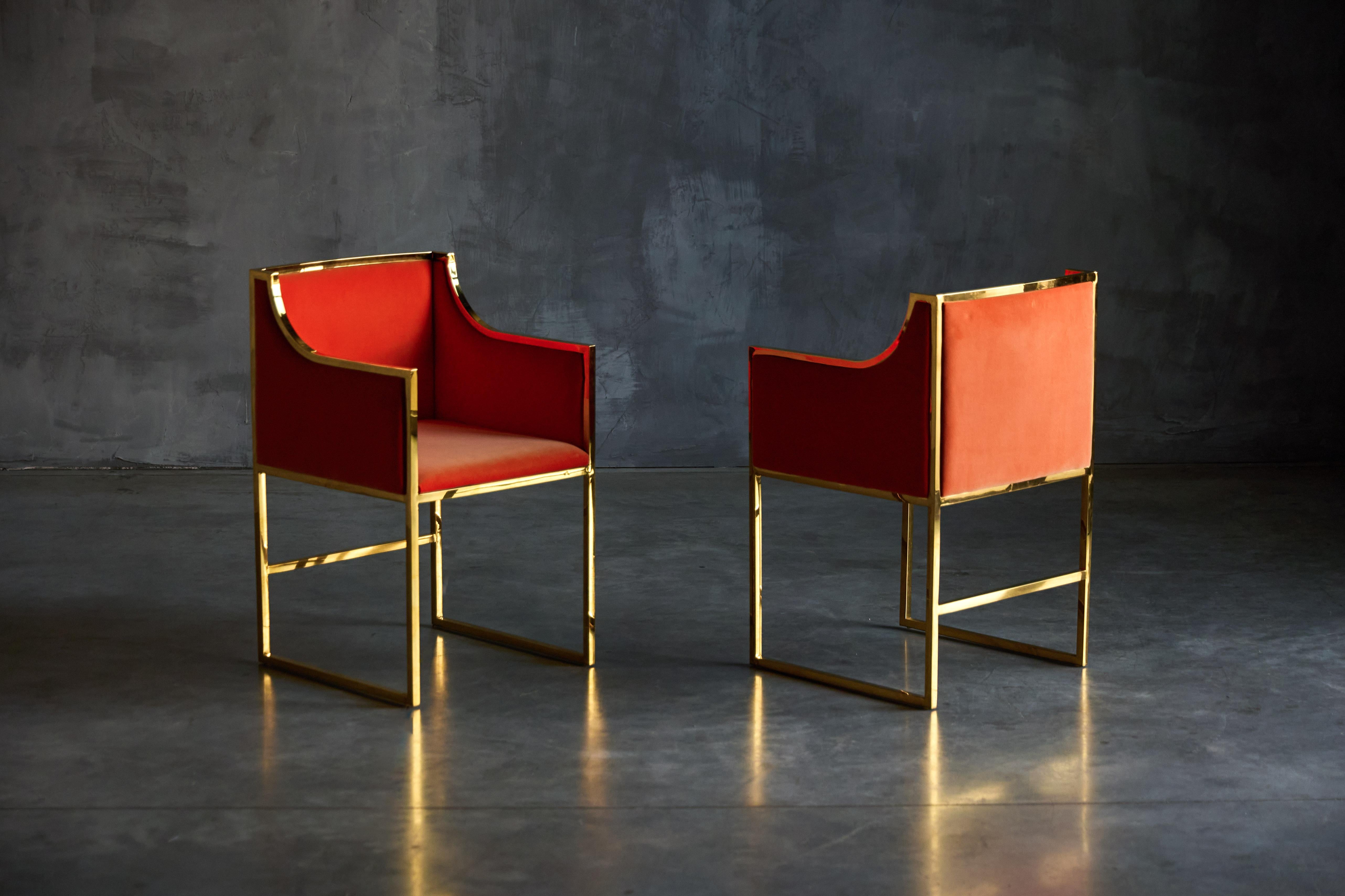 Maison Jansen Brass and Orange Velvet Armchairs, 1980s For Sale 1