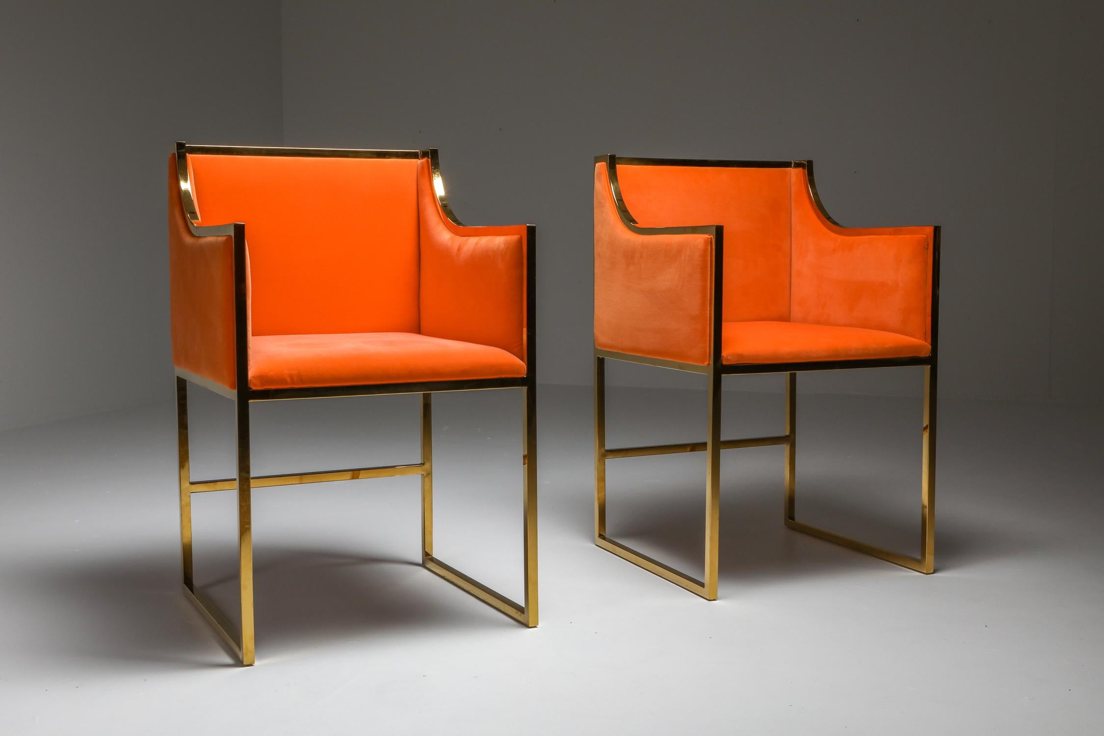 Maison Jansen Brass and Orange Velvet Chairs, Four Available 4