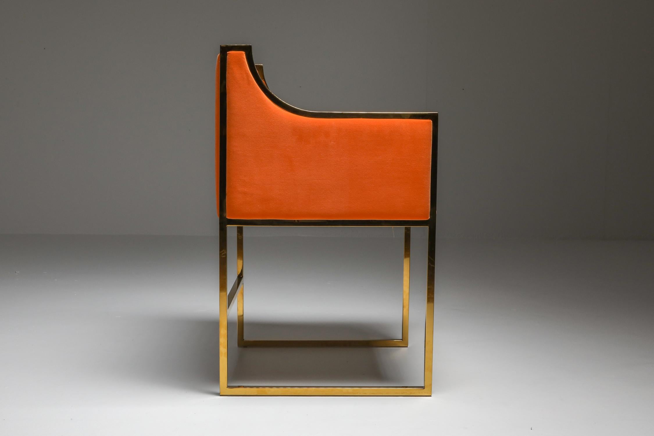 Maison Jansen Brass and Orange Velvet Chairs, Four Available 5