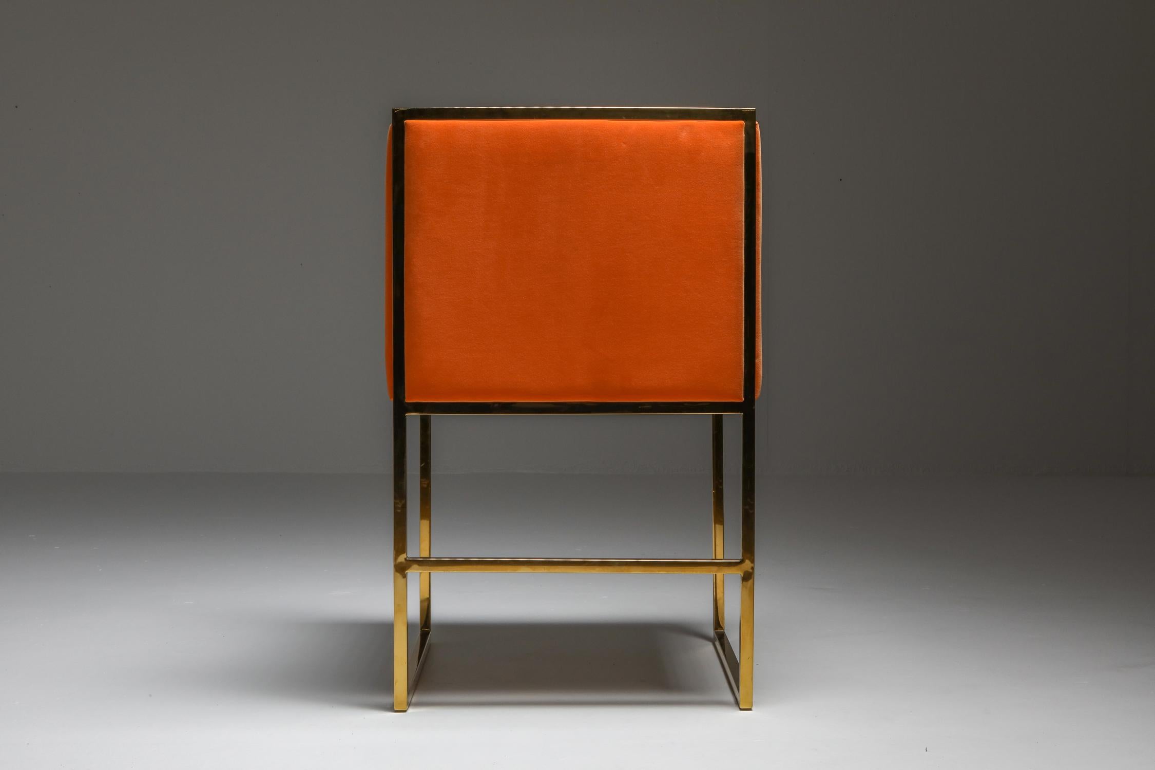Maison Jansen Brass and Orange Velvet Chairs, Four Available 6