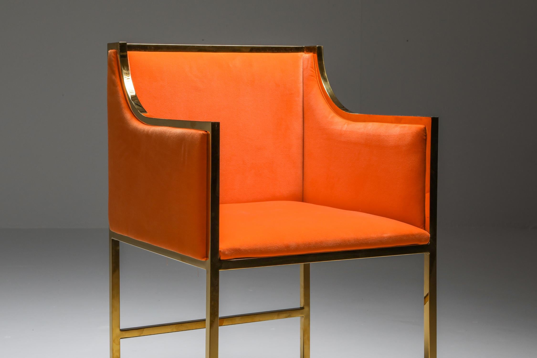 Maison Jansen Brass and Orange Velvet Chairs, Four Available 7