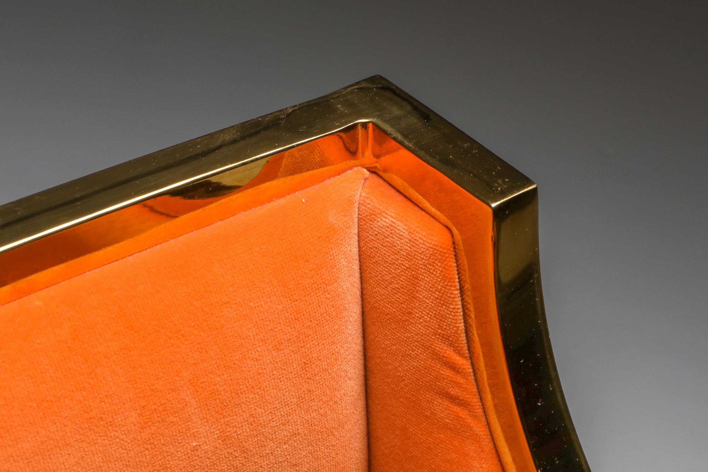 Maison Jansen Brass and Orange Velvet Chairs, Four Available 8