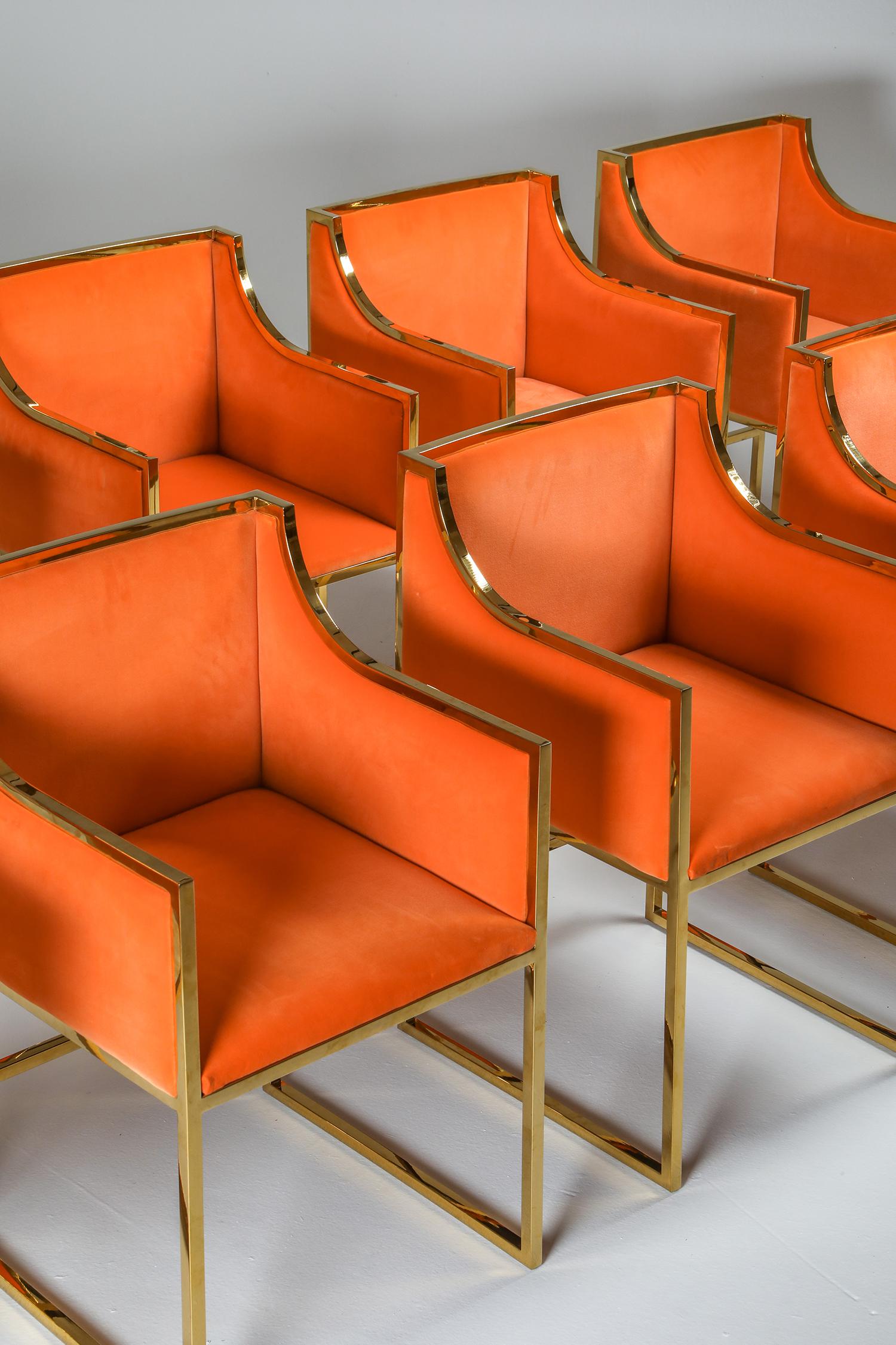 Maison Jansen Brass and Orange Velvet Chairs, Four Available 9