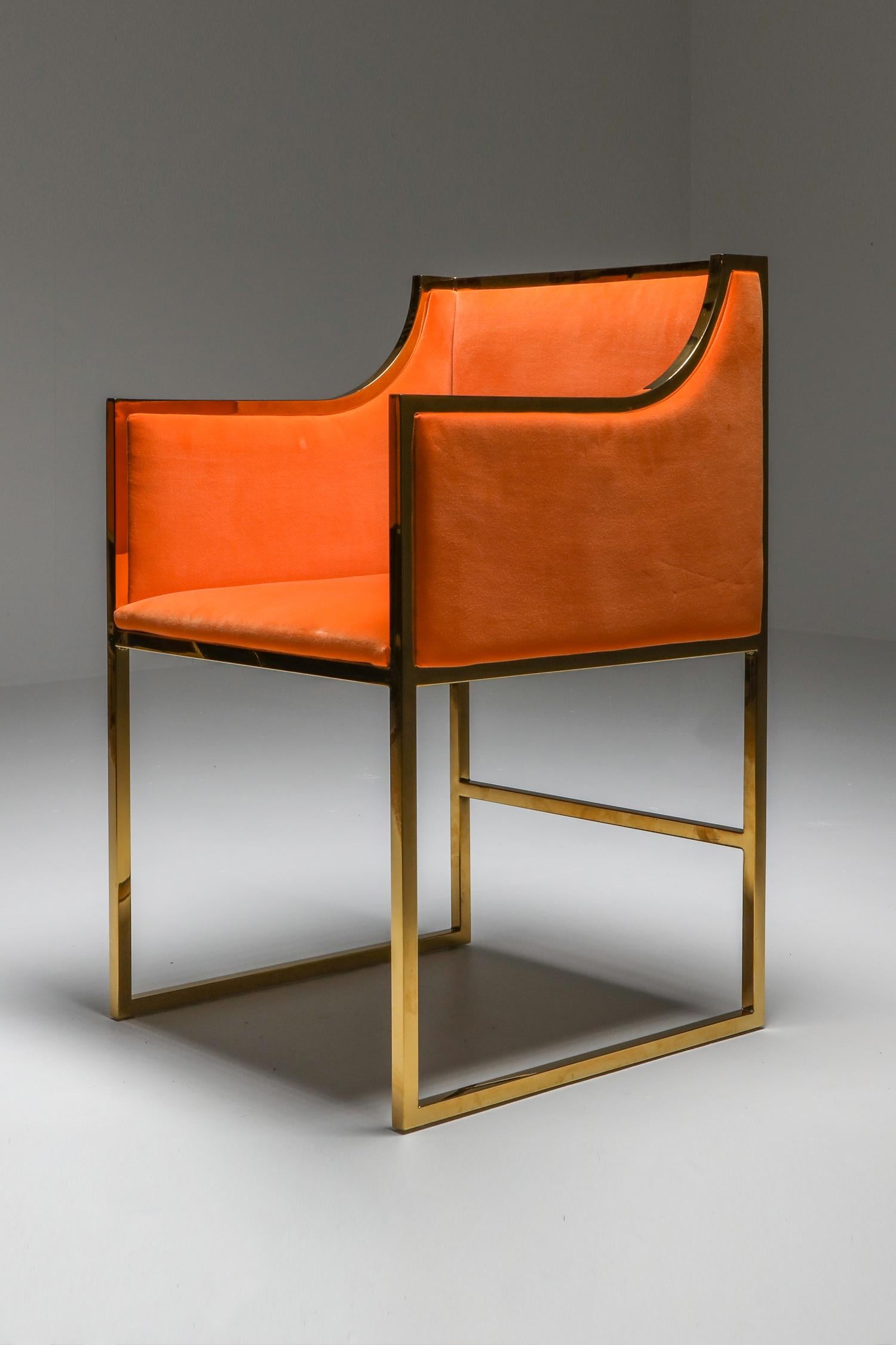 Maison Jansen Brass and Orange Velvet Chairs, Four Available 10