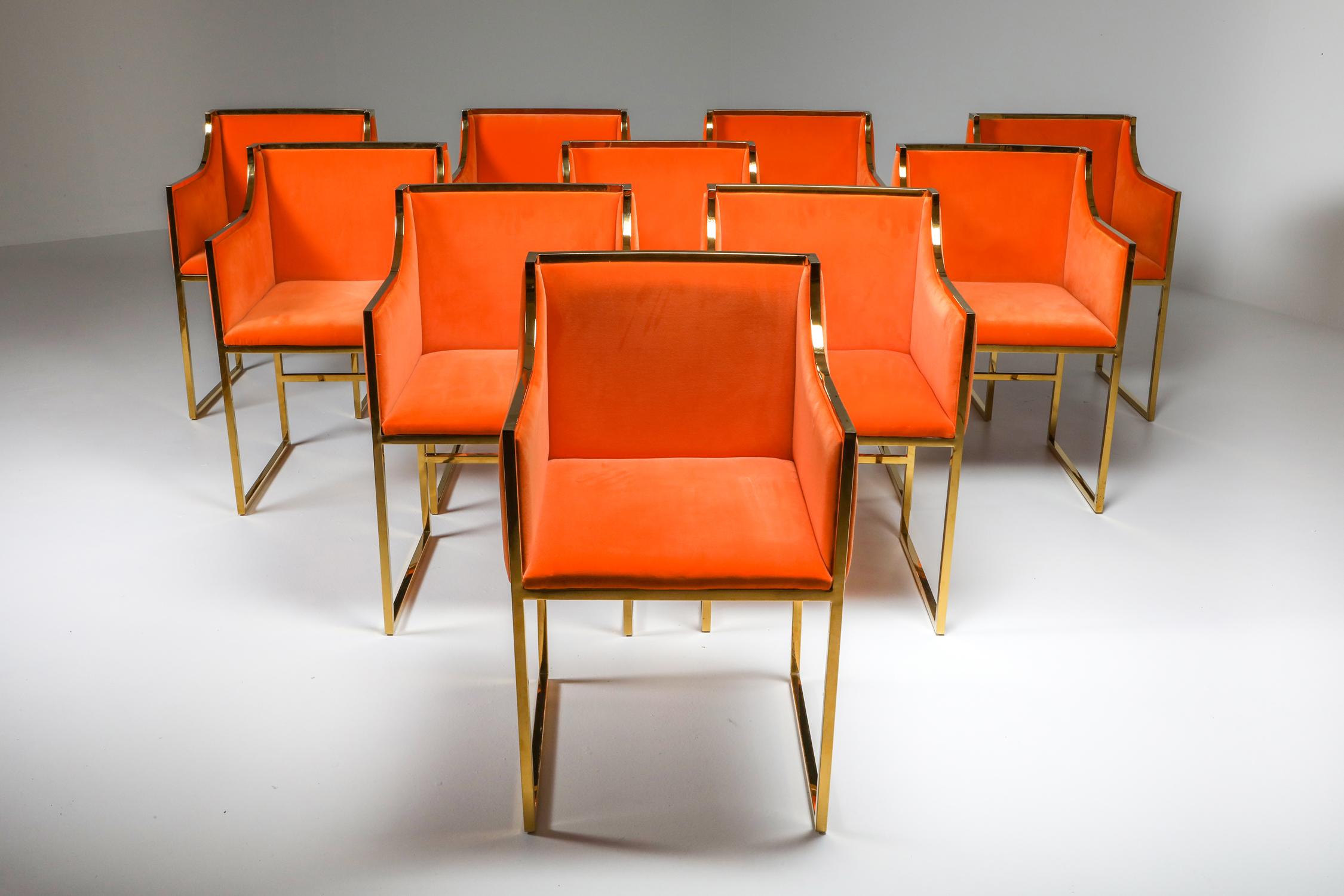 Brass and orange velvet dining chairs, Maison Jansen style, France, 1980s
Gorgeous set in great condition.
4 chairs available
Fits well in an eclectic Hollywood Regency decor inspired by Willy Rizzo, Romeo Rage, and Italian glam.
Price per