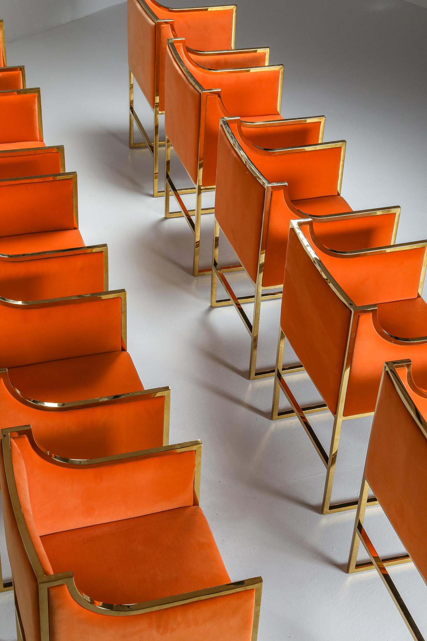 Hollywood Regency Maison Jansen Brass and Orange Velvet Chairs, Four Available