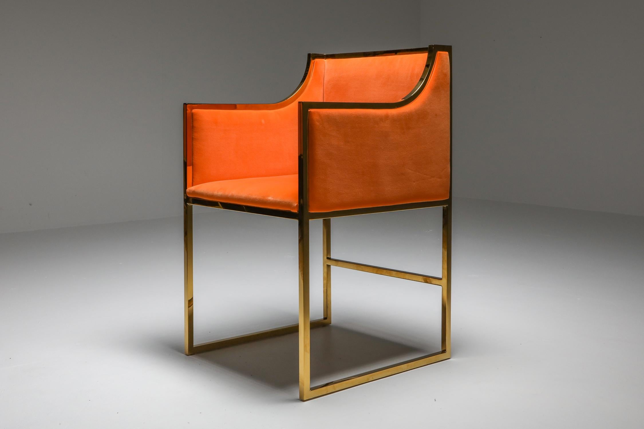 French Maison Jansen Brass and Orange Velvet Chairs, Four Available