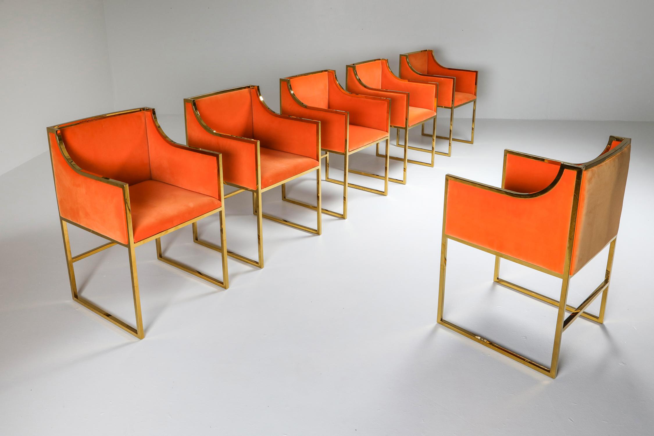 Maison Jansen Brass and Orange Velvet Chairs, Four Available 1