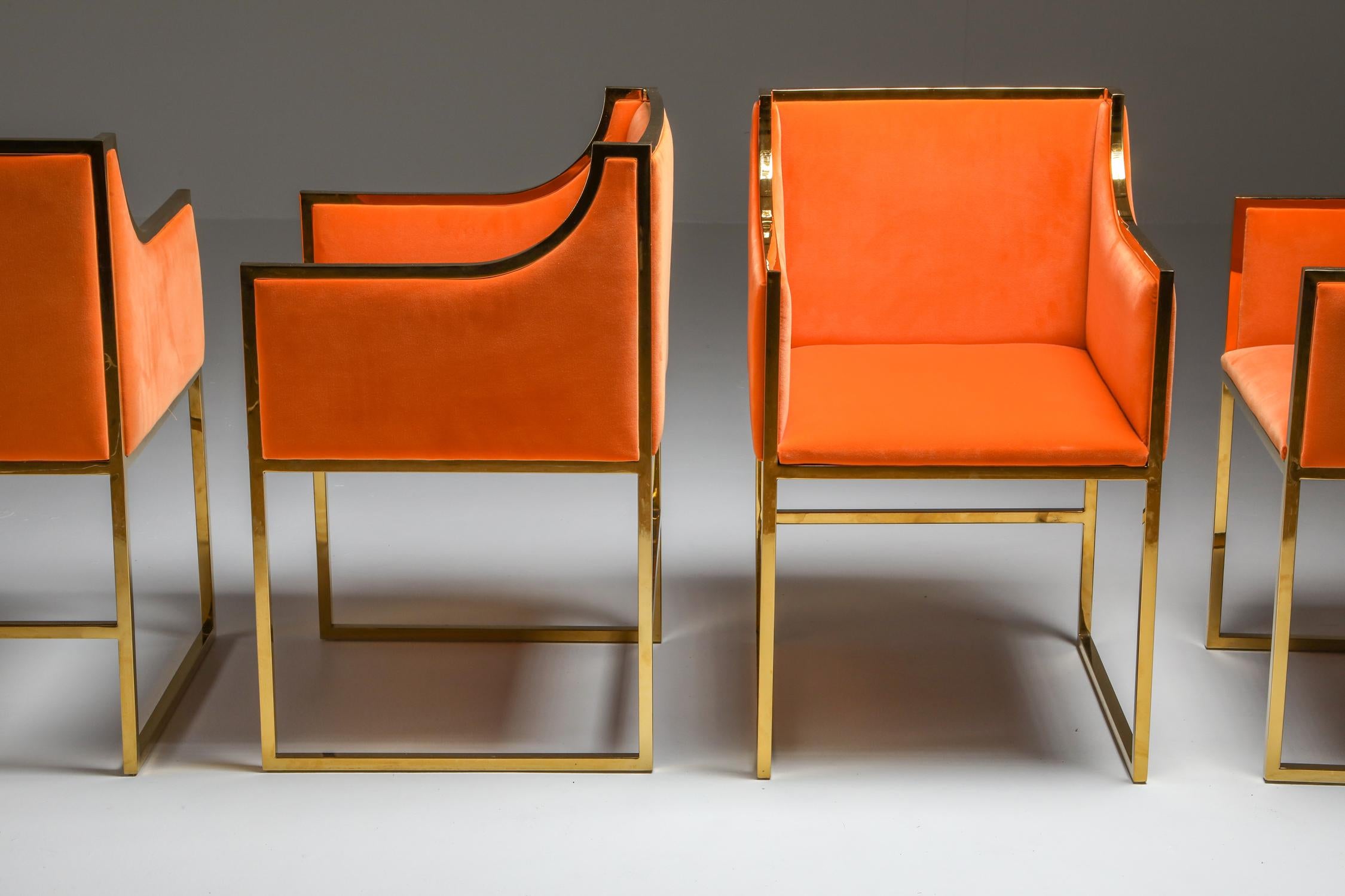 Maison Jansen Brass and Orange Velvet Chairs, Four Available 3