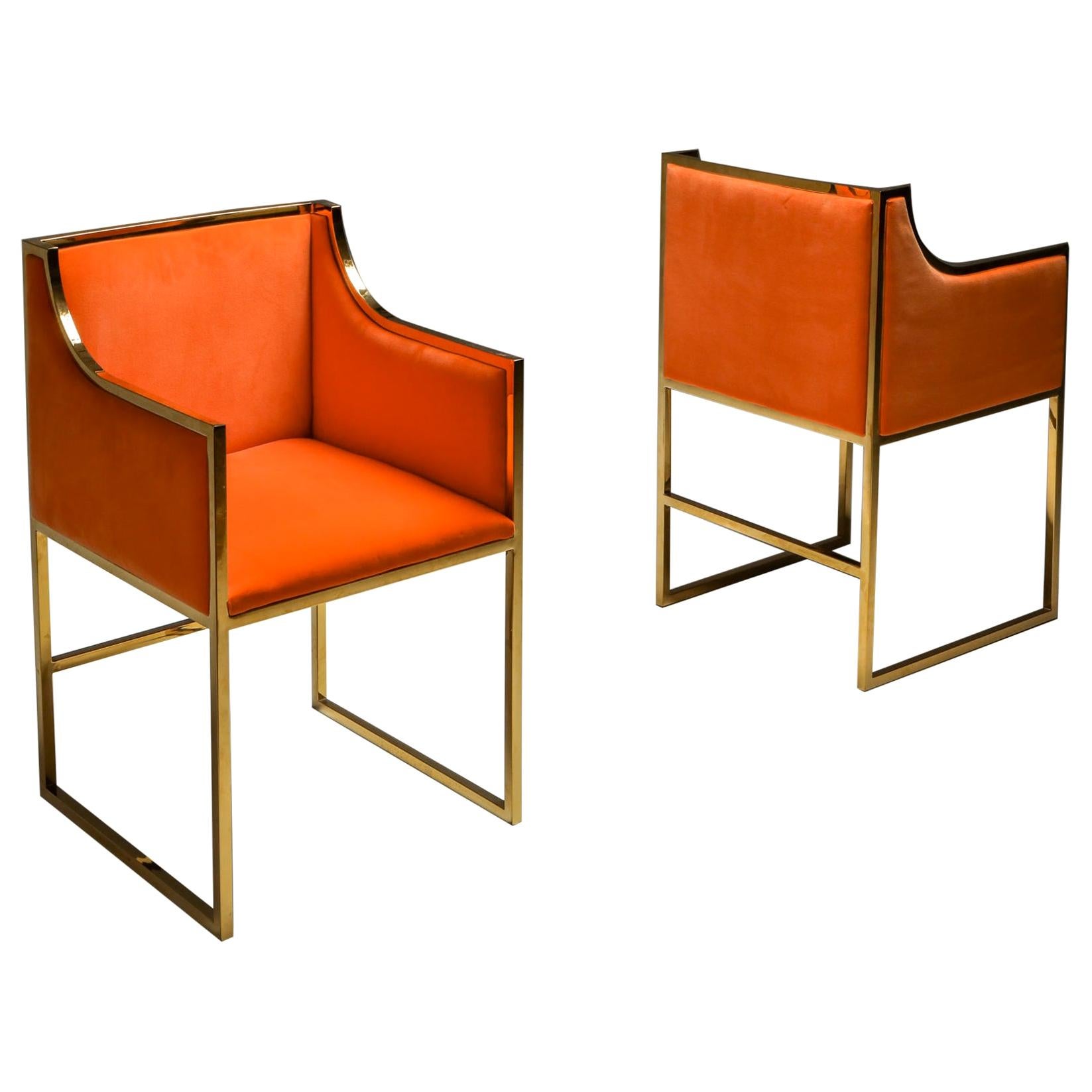 Maison Jansen Brass and Orange Velvet Chairs, Four Available