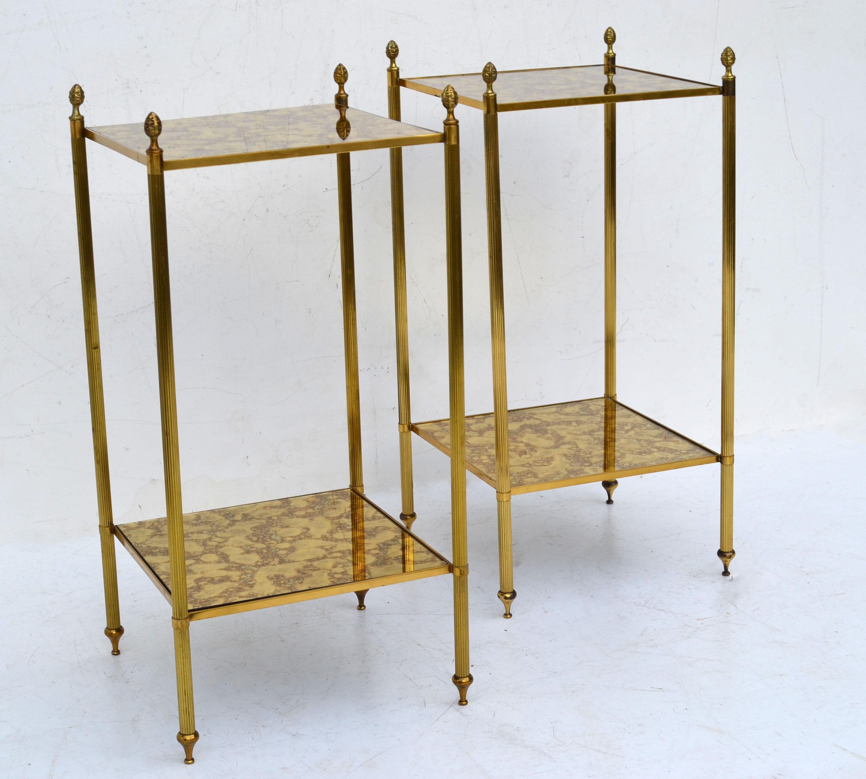 Maison Jansen Brass & Antique Mirror Glass Neoclassical Side Table France, Pair 7