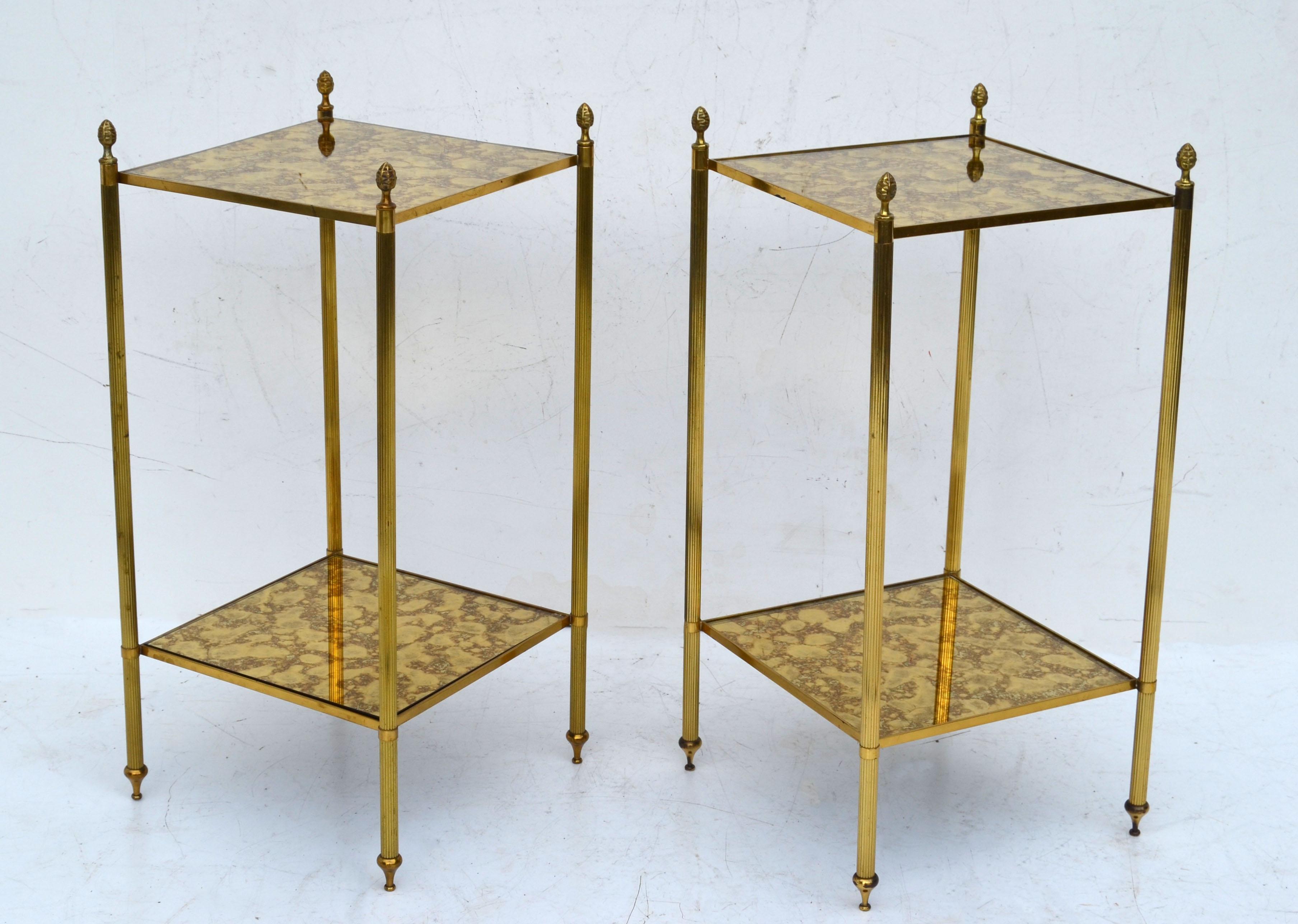 Maison Jansen Brass & Antique Mirror Glass Neoclassical Side Table France, Pair 8