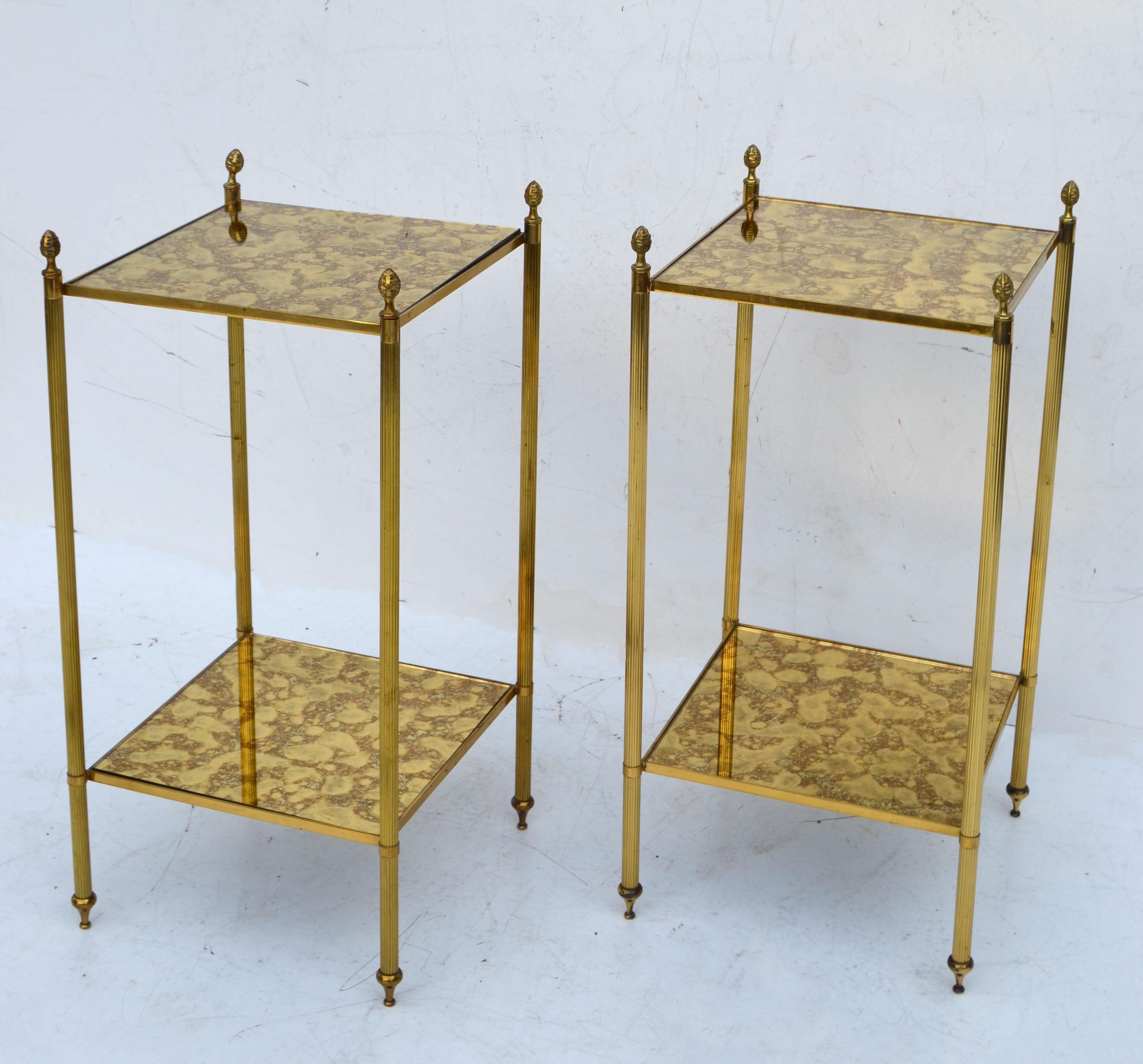 Superb pair of side table by Maison Jansen neoclassical made in France circa 1960.
Brass with antique mirror cloudy Glass Tops.
Great also as sofa or end table.
Mirror top measure: 11.5 x 11.5 x 0.25 inches.