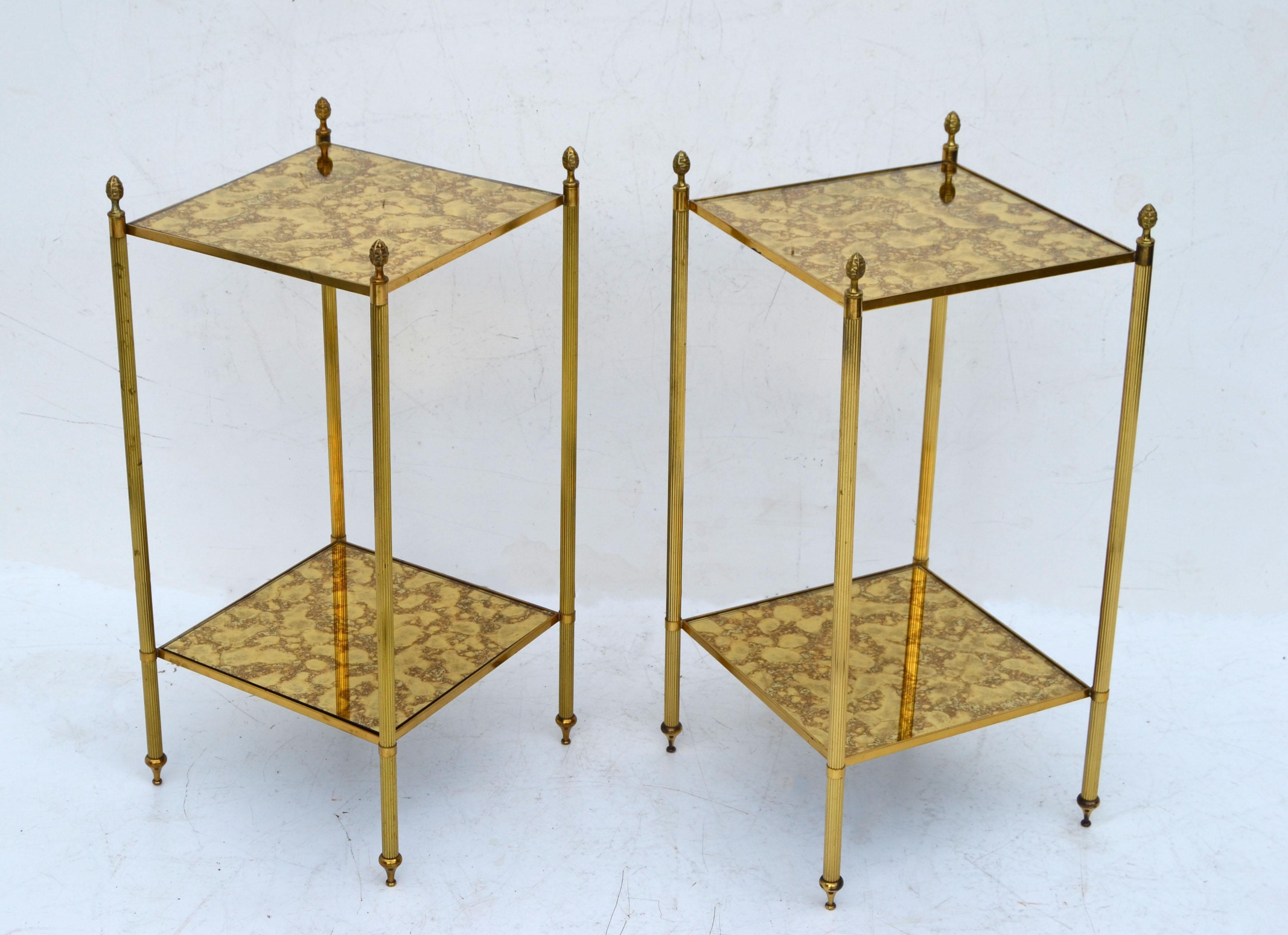French Maison Jansen Brass & Antique Mirror Glass Neoclassical Side Table France, Pair