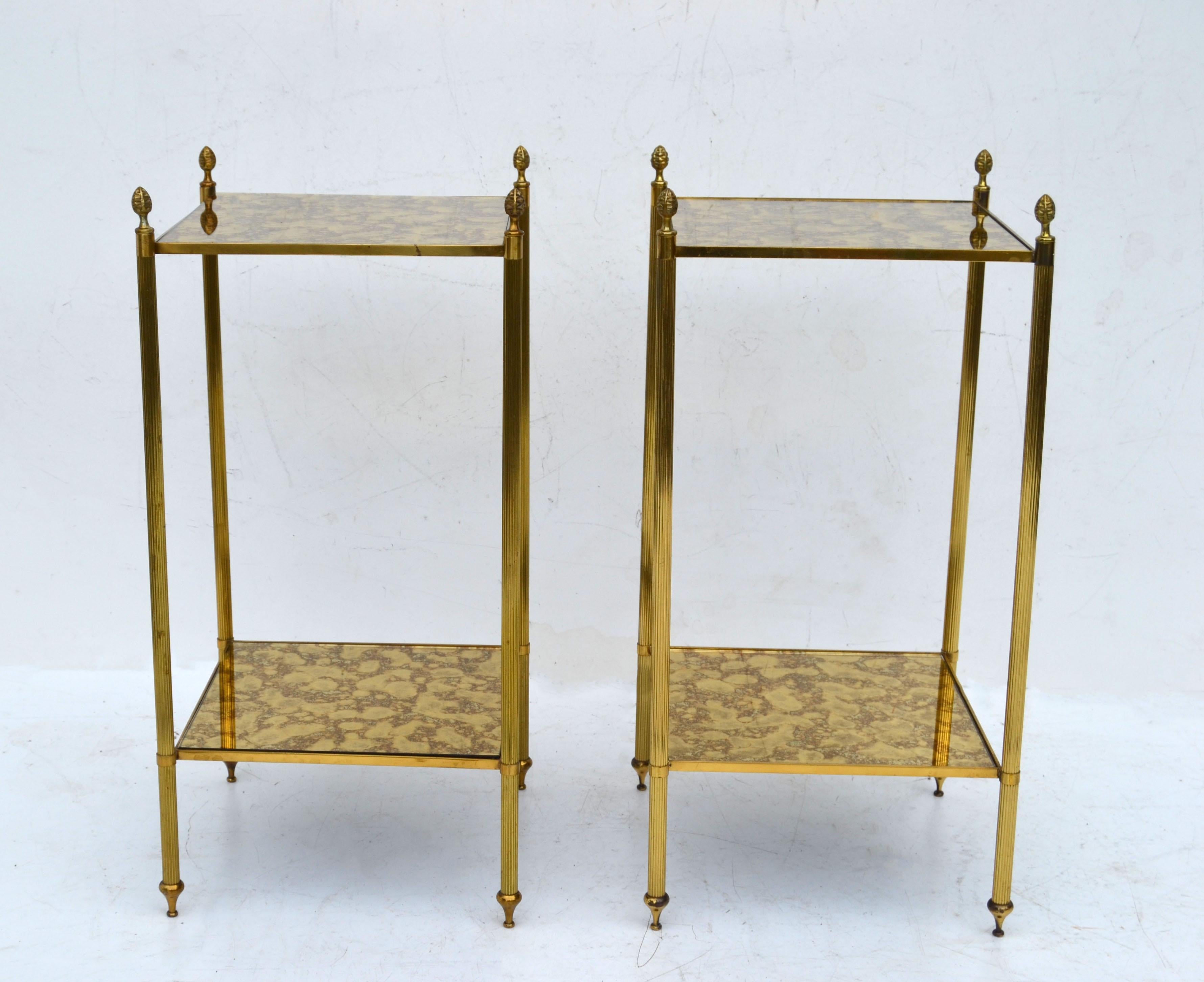 Patinated Maison Jansen Brass & Antique Mirror Glass Neoclassical Side Table France, Pair