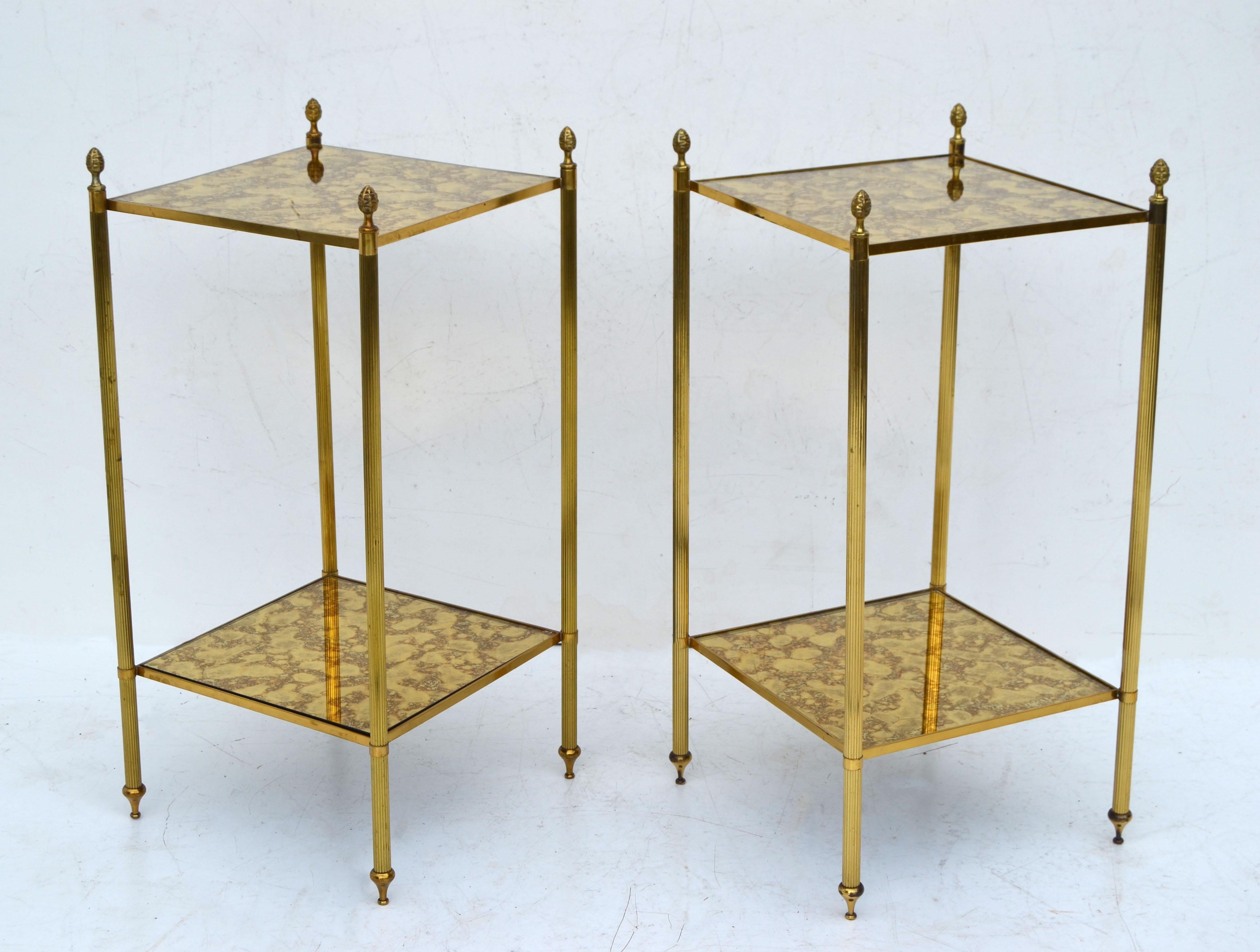 Maison Jansen Brass & Antique Mirror Glass Neoclassical Side Table France, Pair In Good Condition In Miami, FL