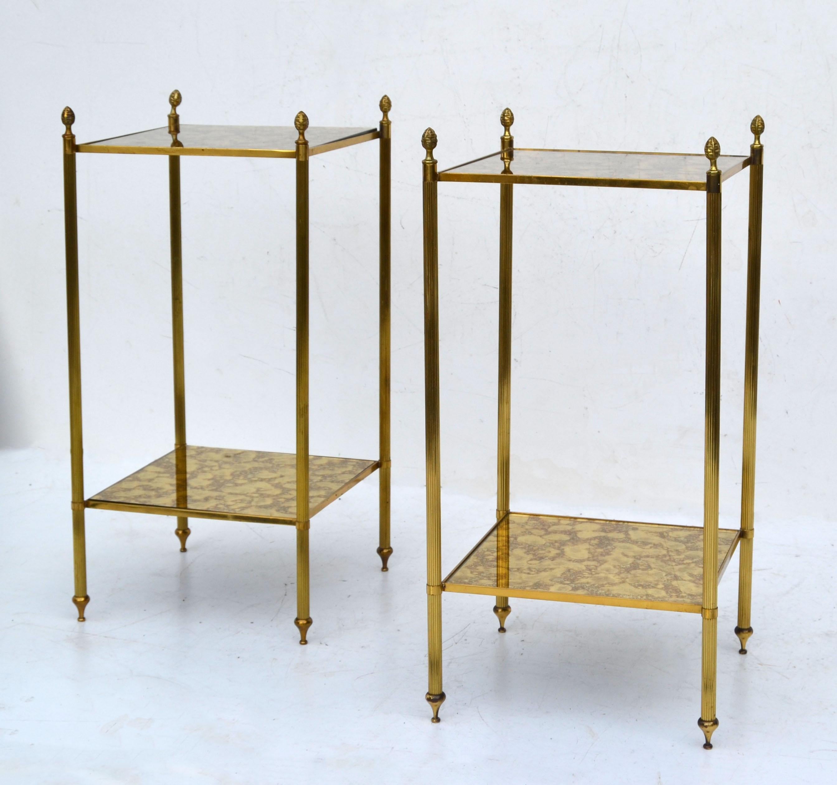Mid-20th Century Maison Jansen Brass & Antique Mirror Glass Neoclassical Side Table France, Pair
