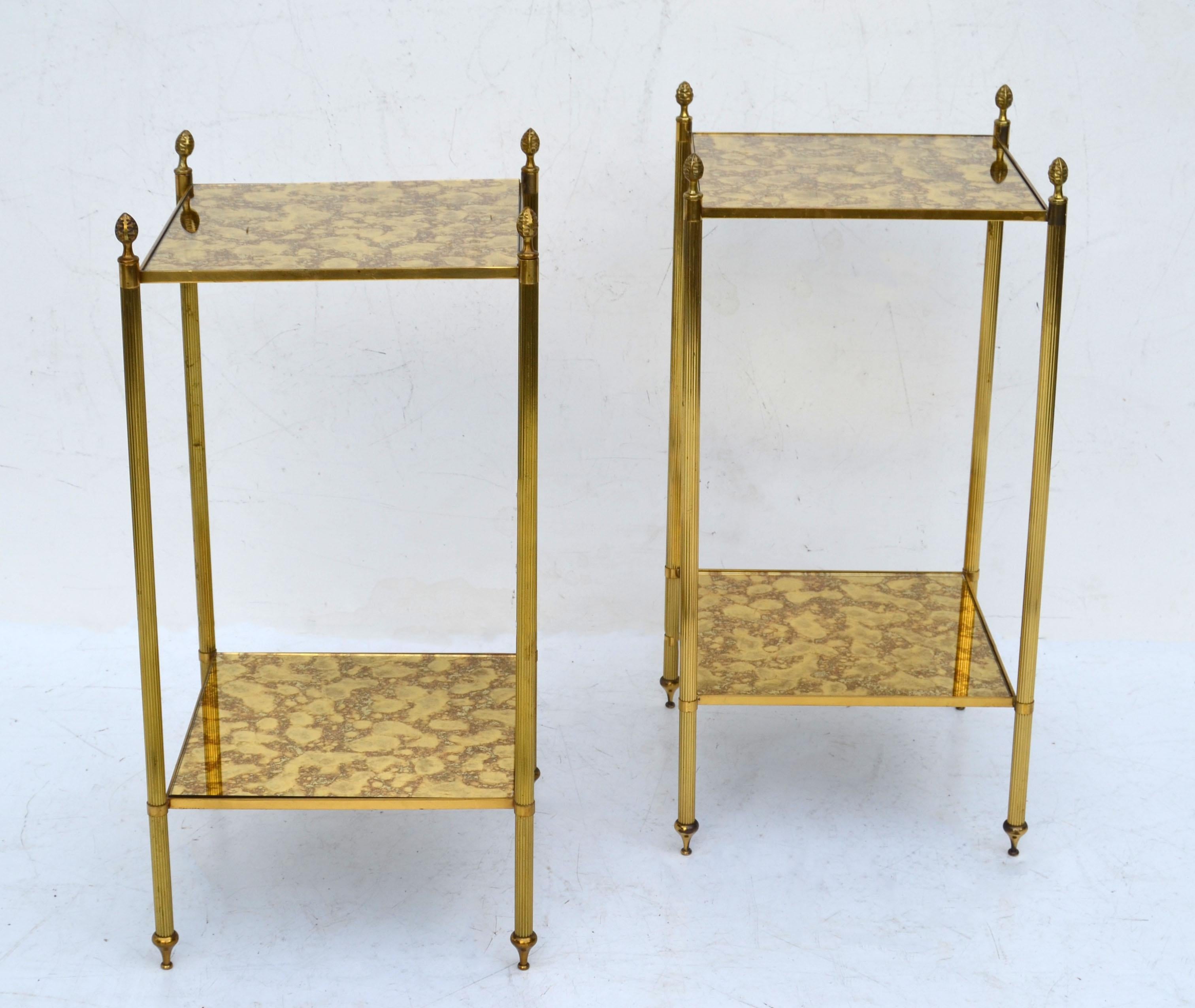 Maison Jansen Brass & Antique Mirror Glass Neoclassical Side Table France, Pair 1