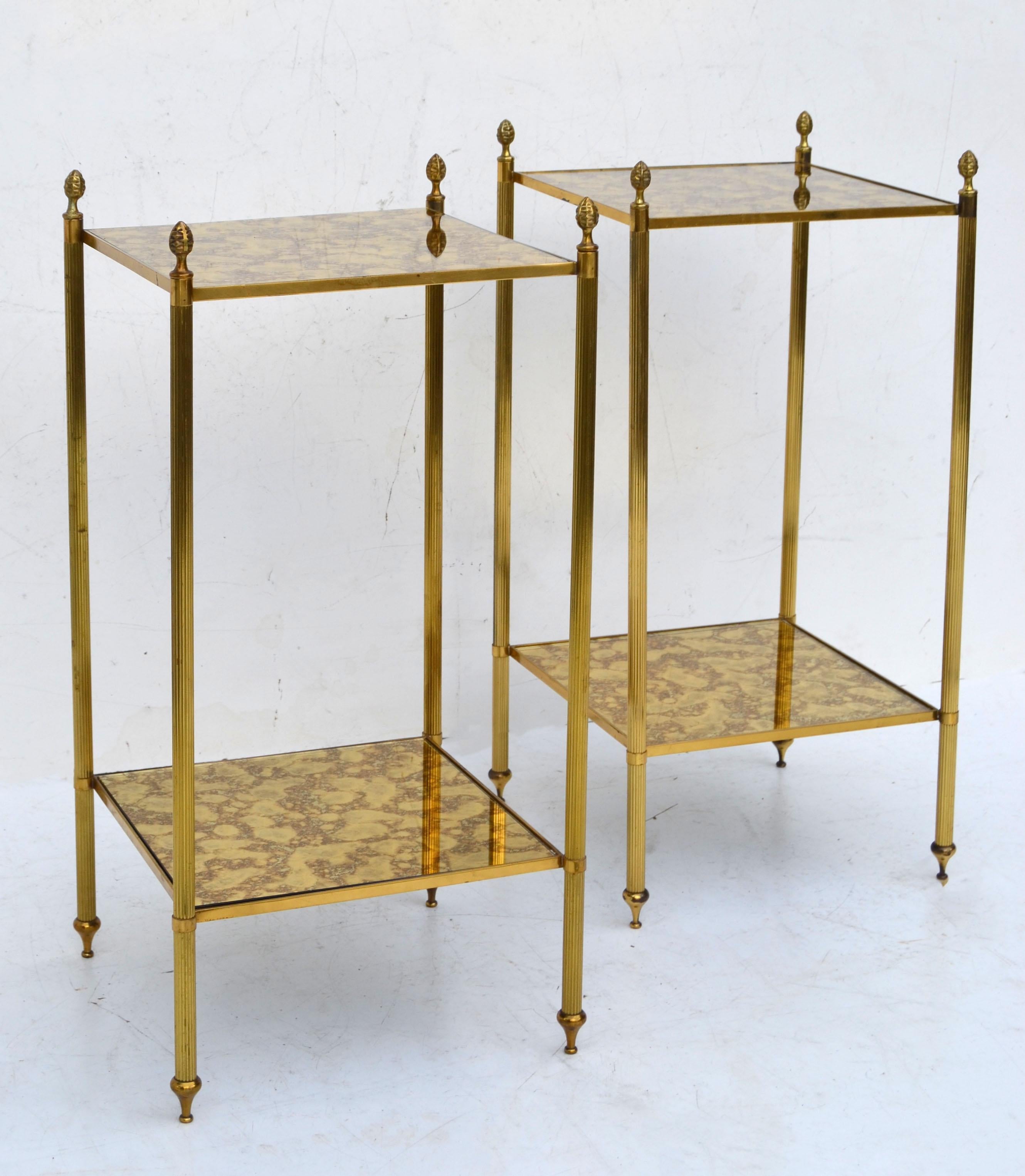 Maison Jansen Brass & Antique Mirror Glass Neoclassical Side Table France, Pair 2