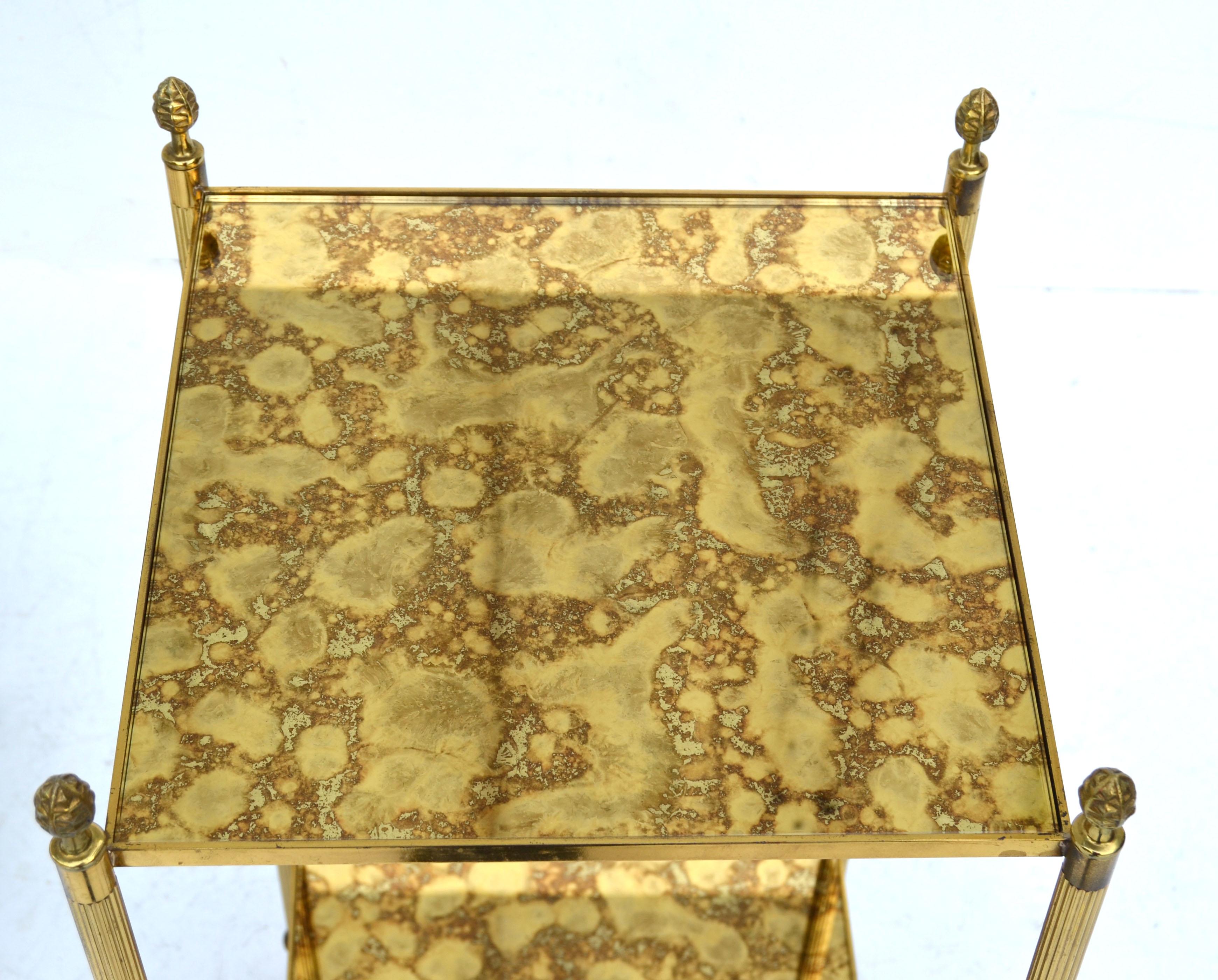 Maison Jansen Brass & Antique Mirror Glass Neoclassical Side Table France, Pair 3