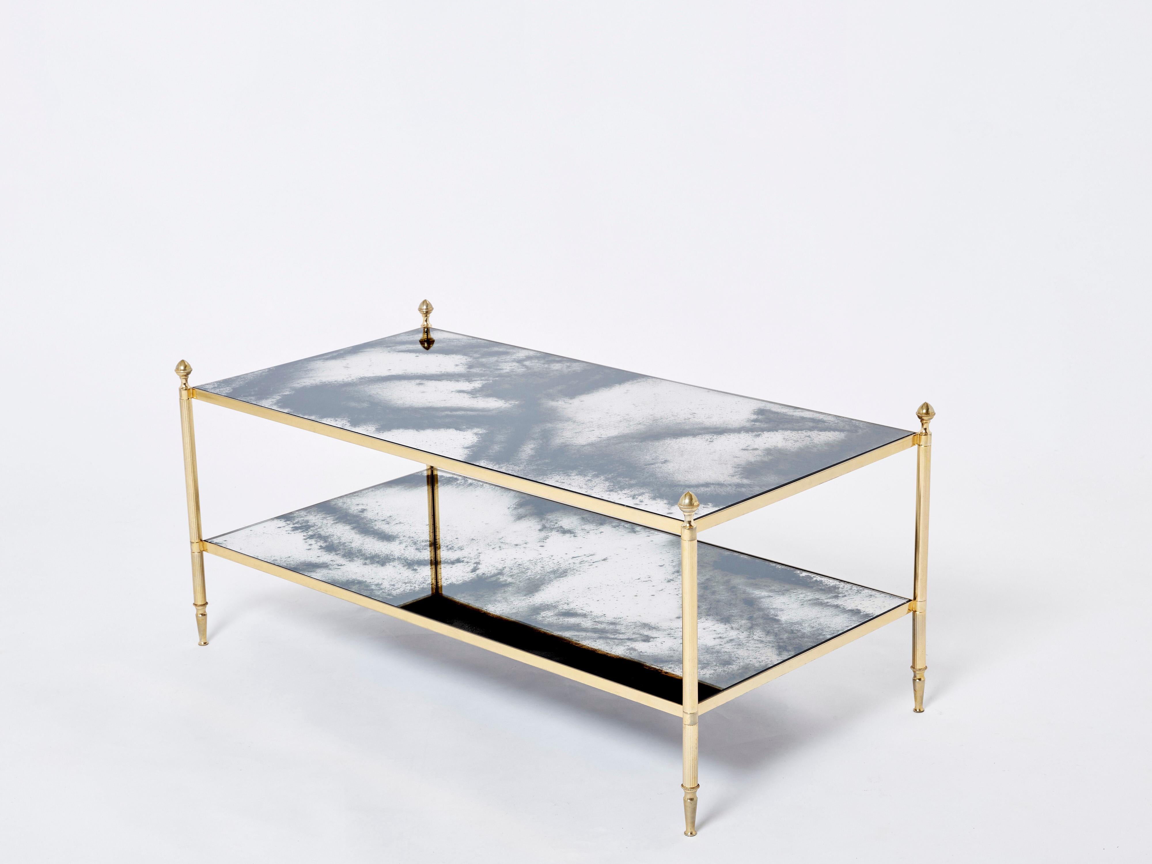 Mid-Century Modern Maison Jansen Brass Chrome Mirrored Two-Tier Coffee Table 1970s For Sale