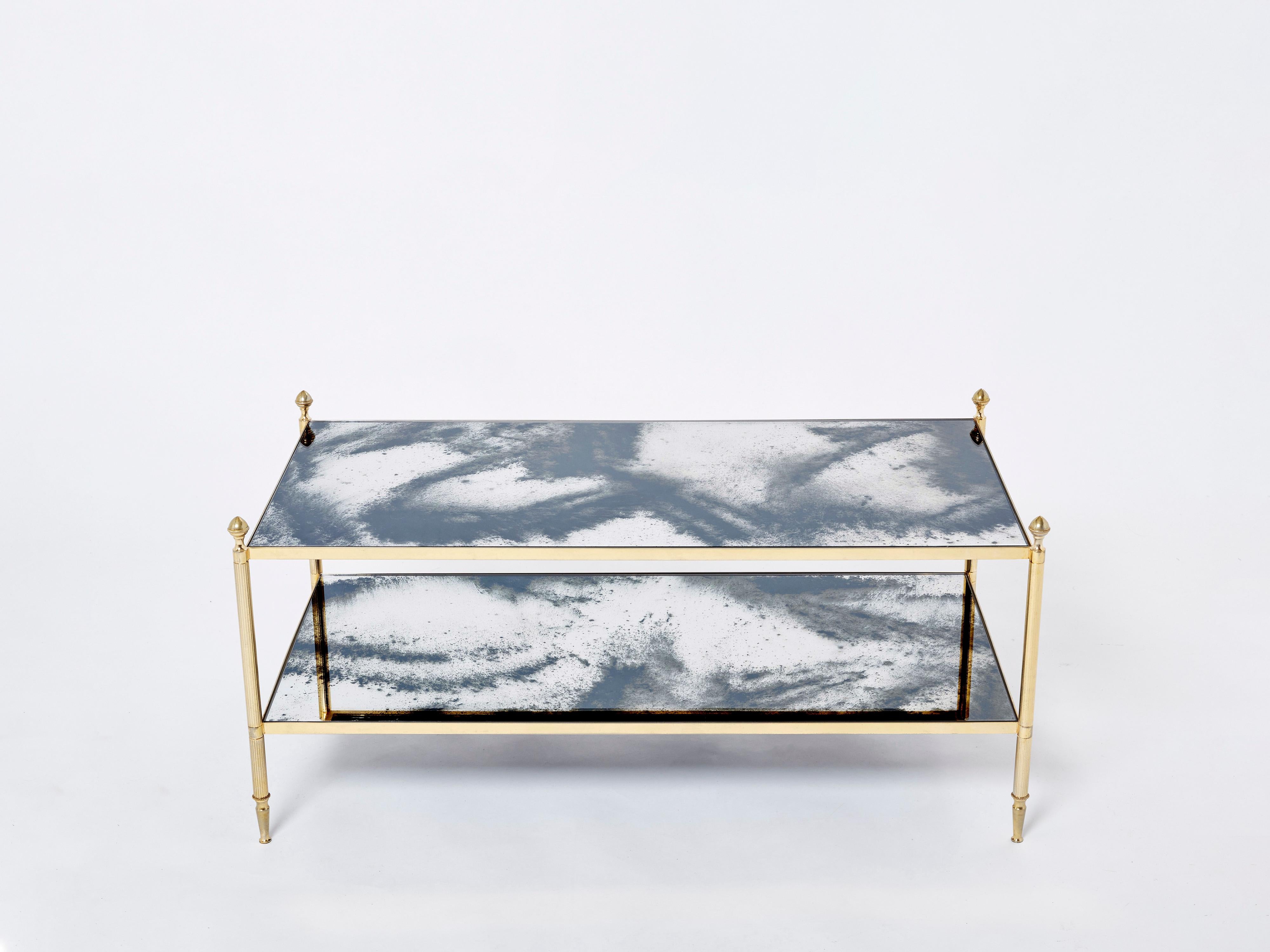 Late 20th Century Maison Jansen Brass Chrome Mirrored Two-Tier Coffee Table 1970s For Sale
