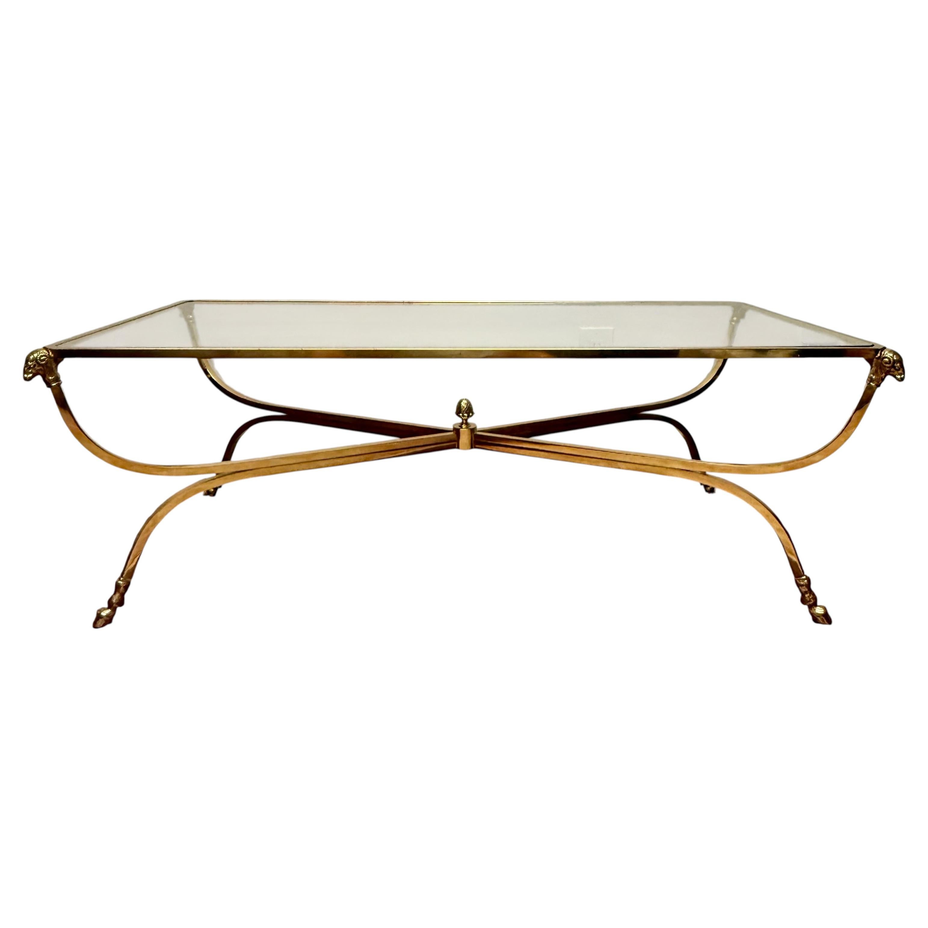 Maison Jansen Brass Coffee Table with Glass Top, Ram's Head Design