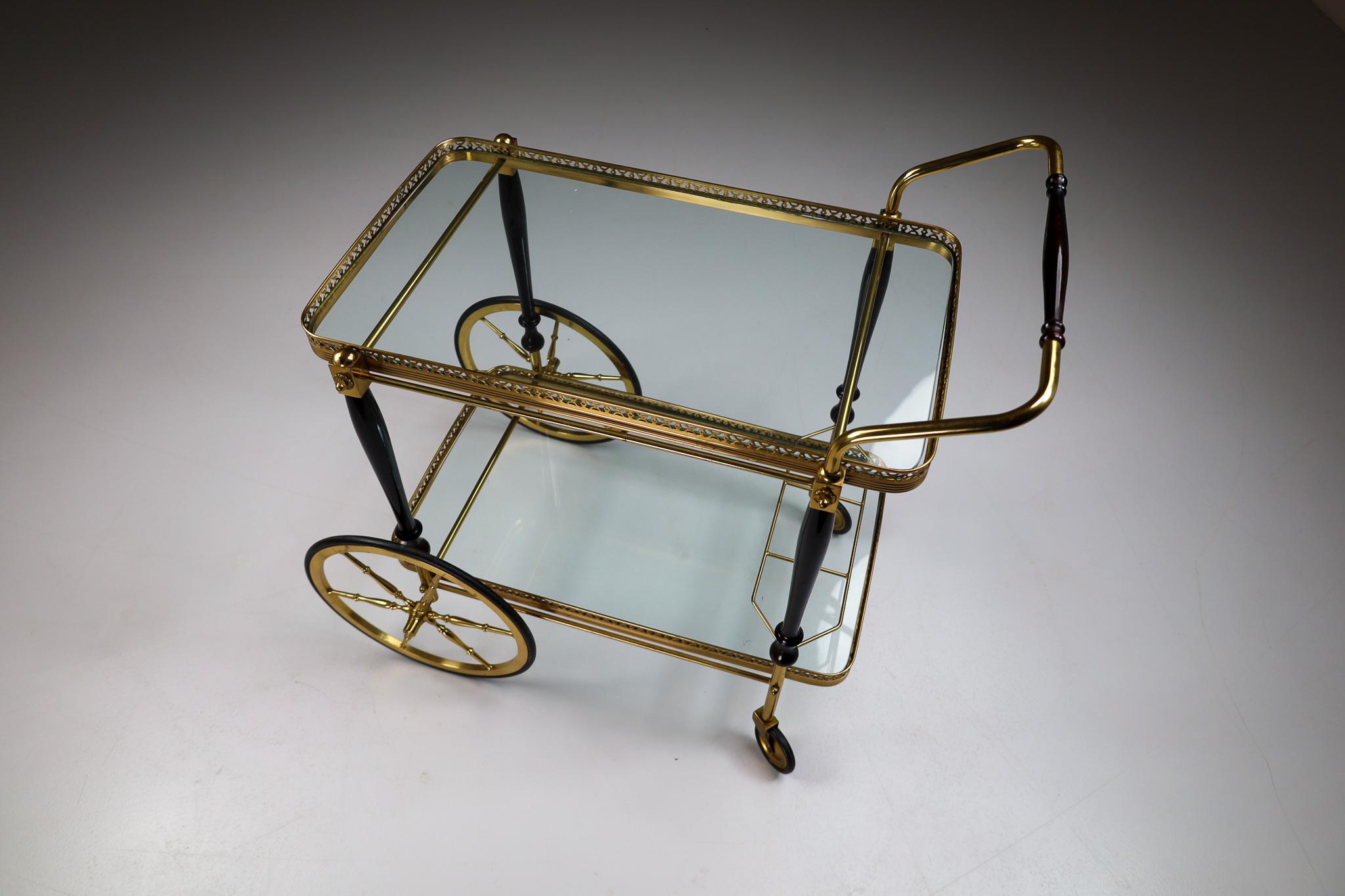 French Maison Jansen Brass Drinks Trolley in Brass and Glass, France 1950s