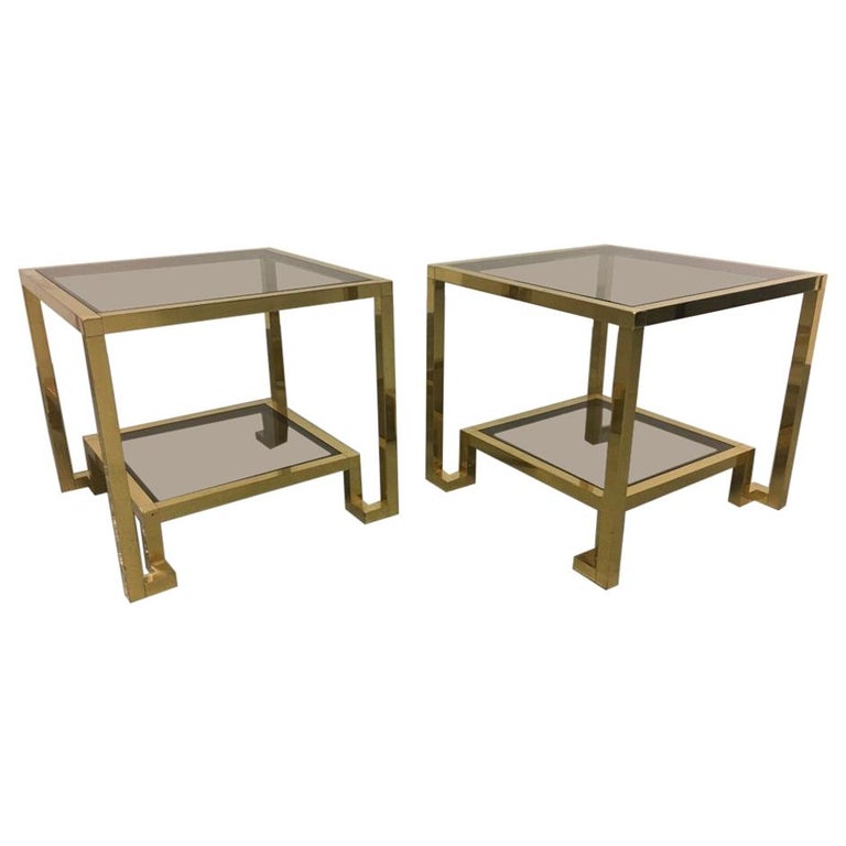 Maison Jansen Brass and Glass End Tables, France, 1970s For Sale