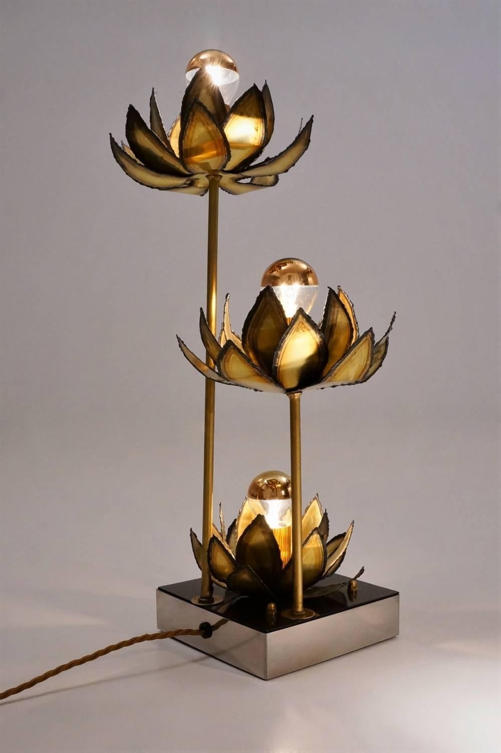 Maison Jansen Brass Lamp of Lotus Flowers, circa 1970s, French Maison Charles 5