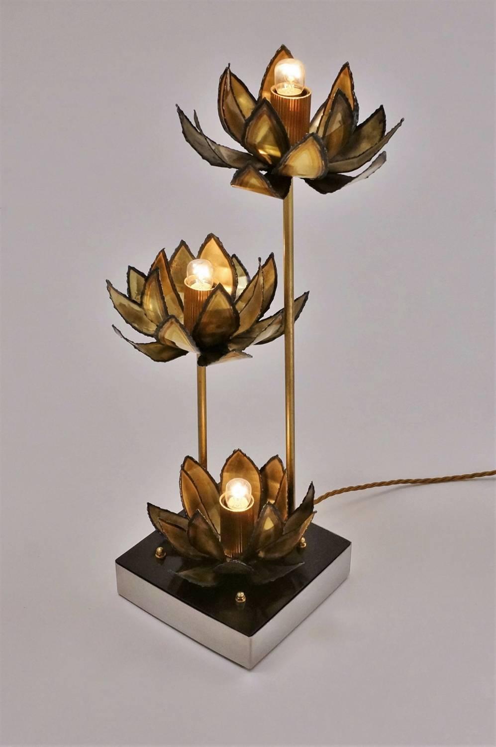 Maison Jansen Brass Lamp of Lotus Flowers, circa 1970s, French Maison Charles 6