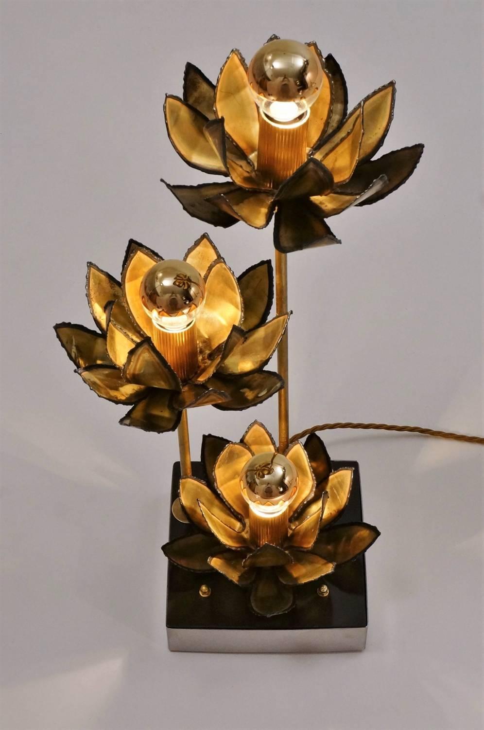 Late 20th Century Maison Jansen Brass Lamp of Lotus Flowers, circa 1970s, French Maison Charles