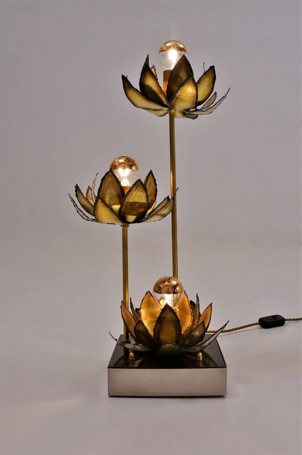 Maison Jansen Brass Lamp of Lotus Flowers, circa 1970s, French Maison Charles 1