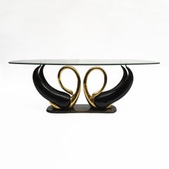 Maison Jansen Brass Love Swans Coffee Table with Beveled Oval Glass Top, 1970s