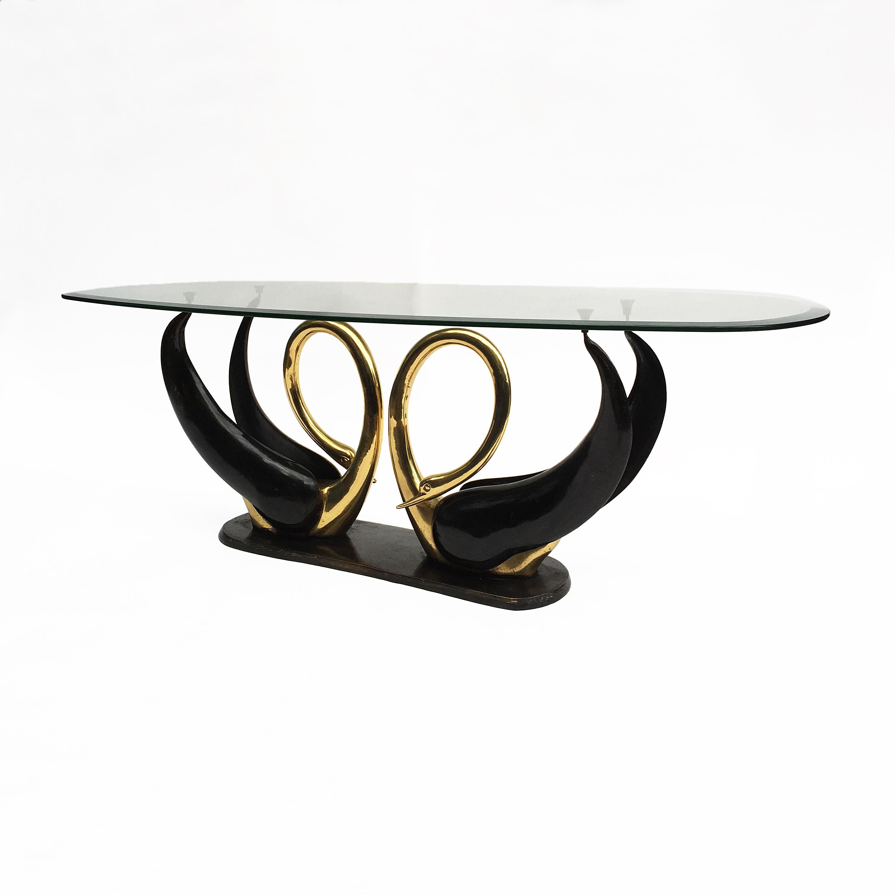 Hollywood Regency Maison Jansen Brass Love Swans Coffee Table with Beveled Oval Glass Top, 1970s For Sale